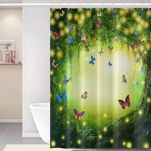 Miniatura 2 de Uiiooazy Cortina de ducha de primavera para baño, diseño de mariposas azules, sol, juego de cortina de tela impermeable para bañera, hojas de árbol