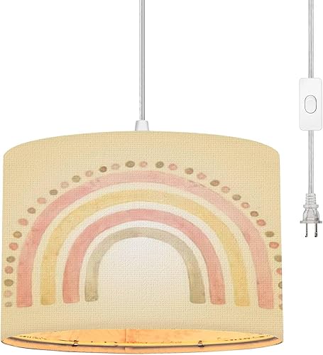 Lámpara colgante con enchufe rosa arcoíris bohemio con cable de enchufe de 16.4 pies, interruptor regulable, pantalla de tela, luz colgante para