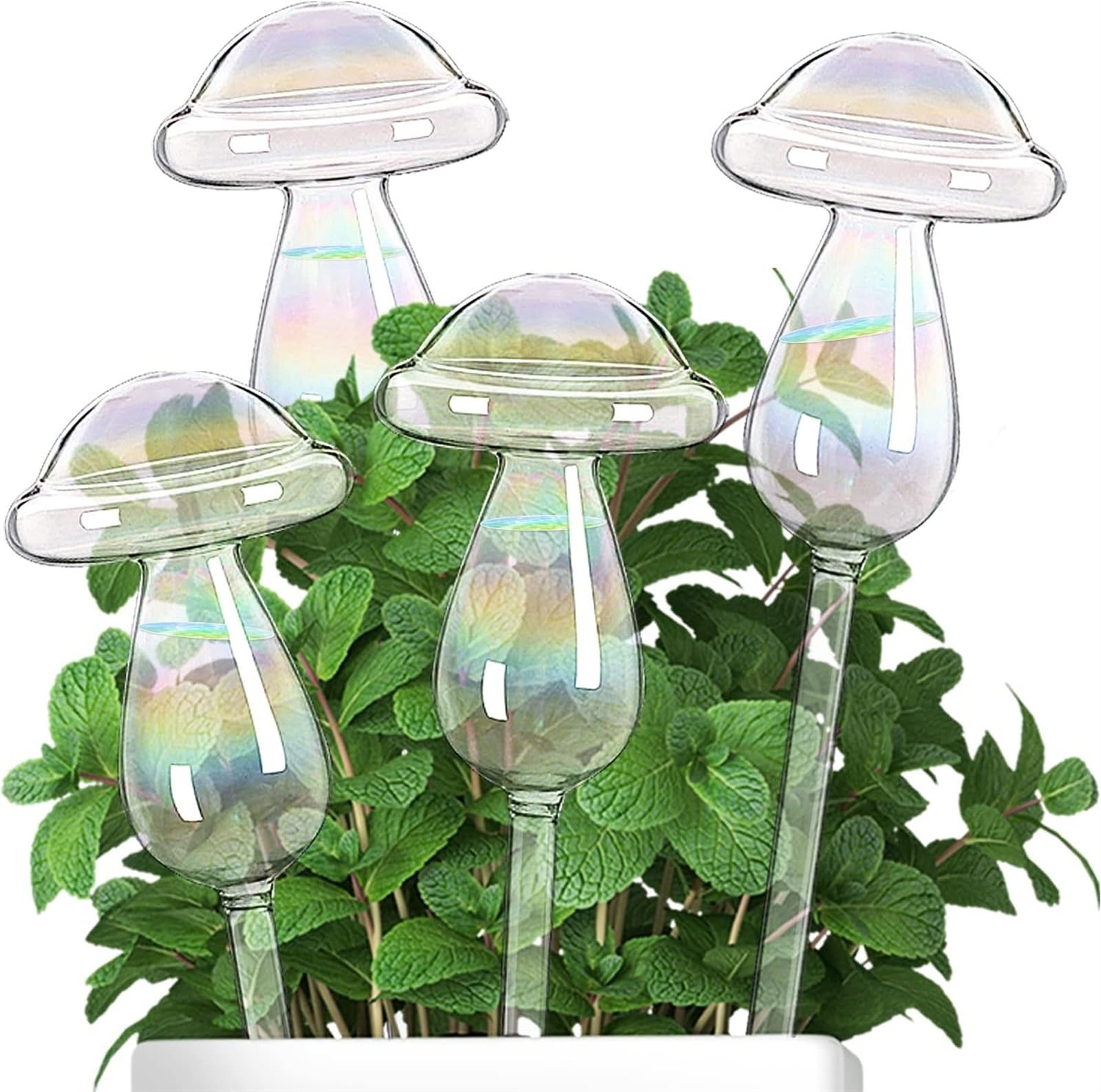 THE WHITE SHOP 4 Pcs Mushroom Plant Watering Globes, Iridescent Self Watering Planter Insert, Glass Plant Watering Devices for Indoor and Outdoor Plants Accessories