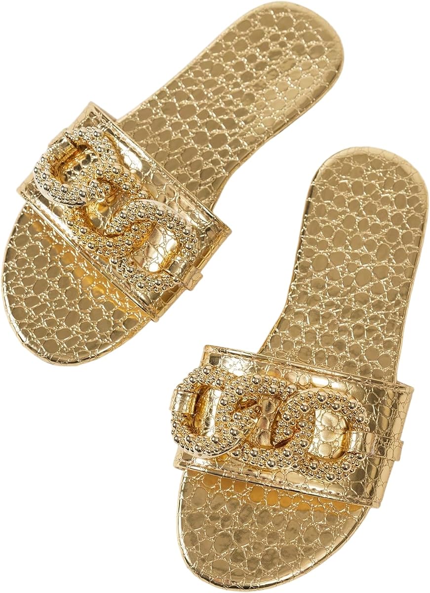 Women's Gold Chain Crocodile Embossed Sandals Dressy Metallic Flats Open Toe Slides