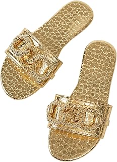 OYOANGLE Women's Gold Chain Crocodile Embossed Sandals Dressy Metallic Flats Open Toe Slides