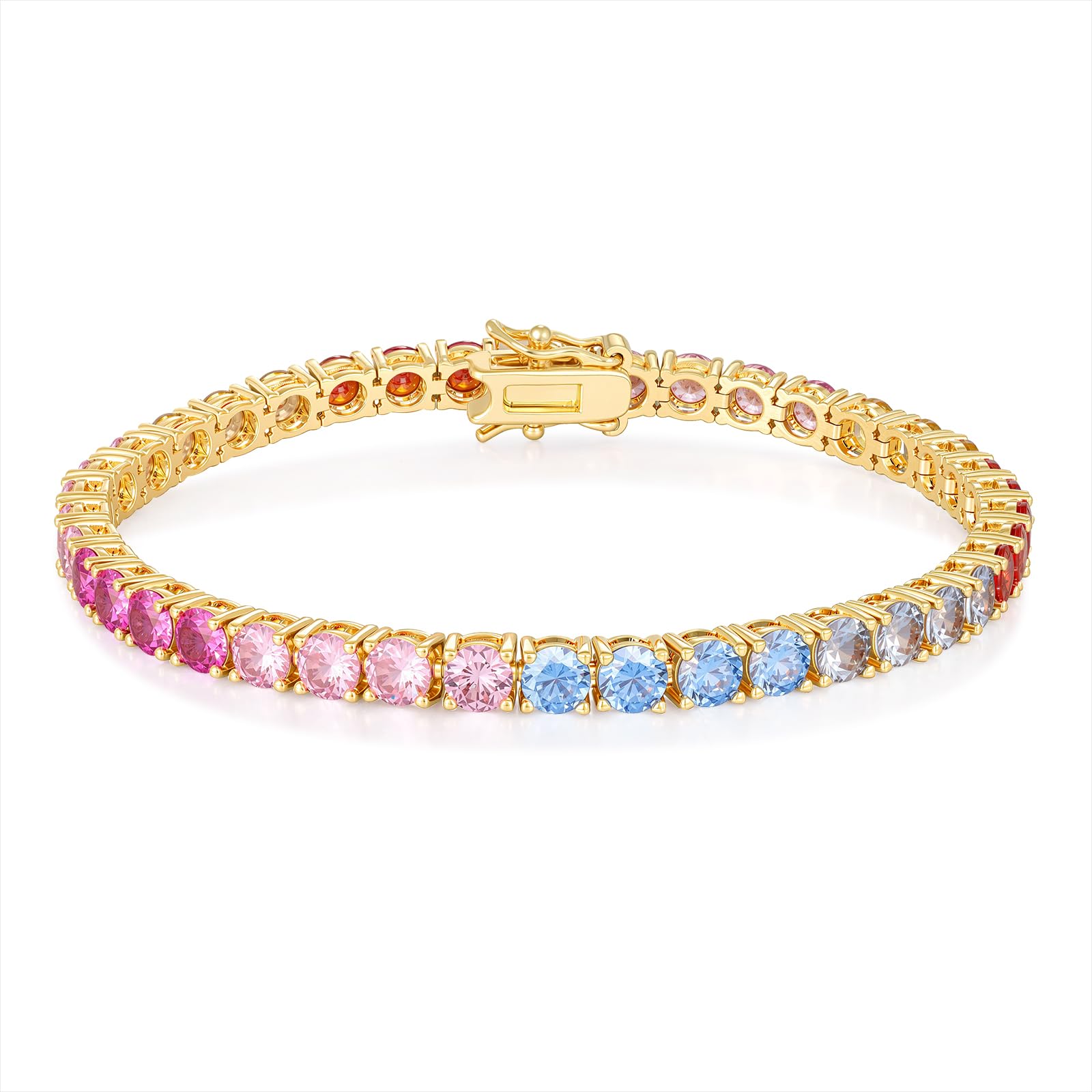 GEMSME 4.0MM Tennis Bracelet for Women-Rainbow Cubic Zirconia Bracelet,14K White/Yellow Gold Plated Multi Colored Round Cut CZ Tennis Link for Jewelry Gift