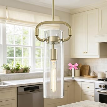 1 Pack Small Glass Island Light, Gold Pendant Lights Kitchen Island | E26 Bulb Included, 12.9 Antique Brass Pendant Light Fixtures, Glass Pendant Lighting Over Kitchen Island Dining Room
