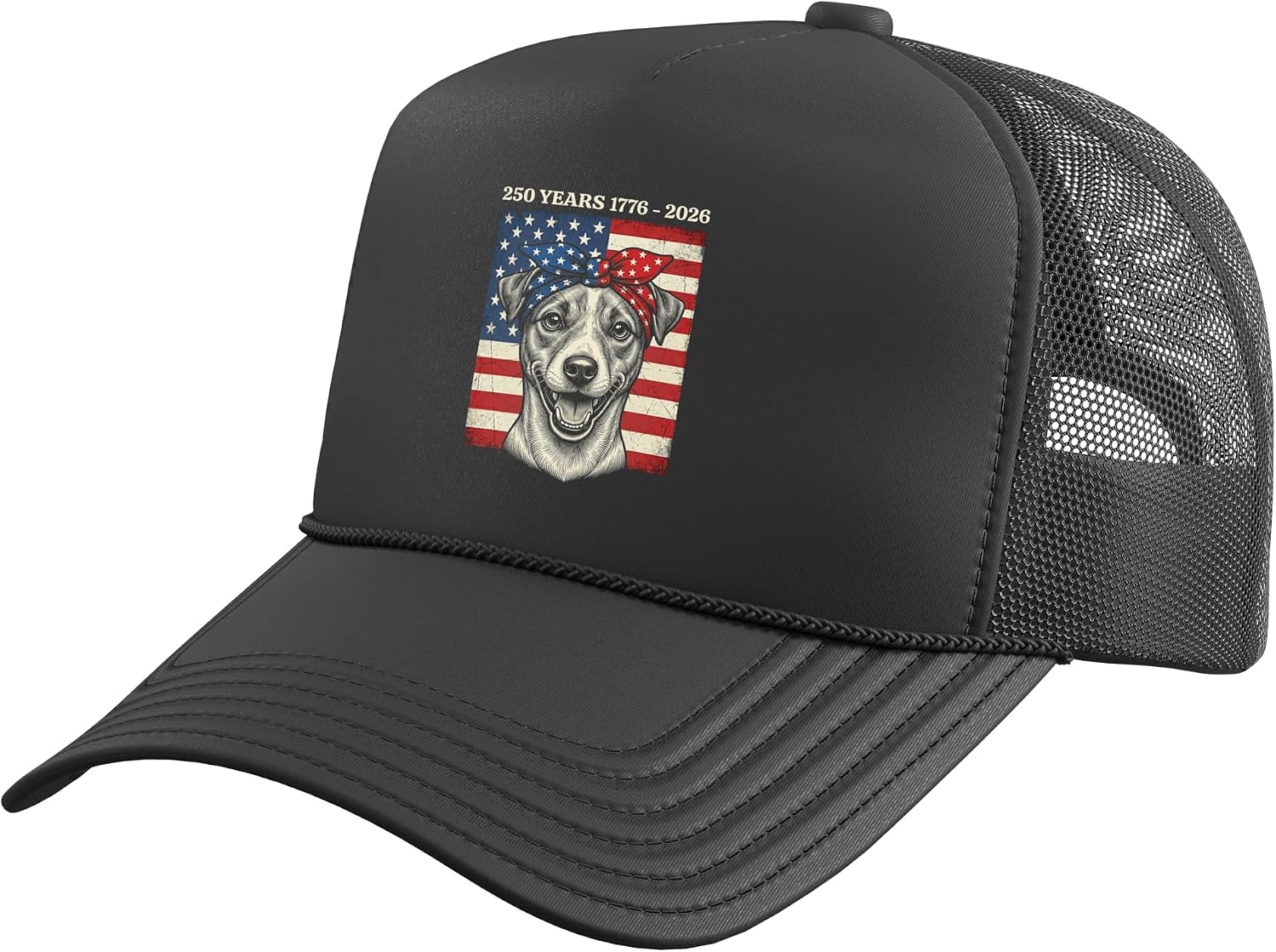 Distressed USA Flag Jack Russel Dog 250 Years 1776-2026 Trucker Hat with Adjustable Mesh Back