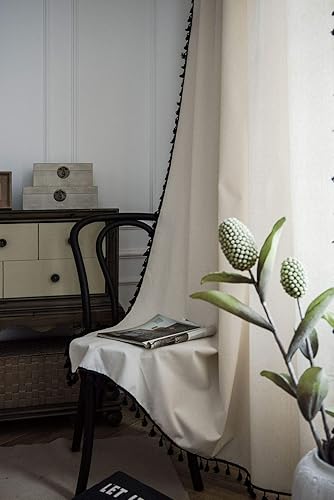 Miniatura 9 de ZZCZZC - Cortina de diseño geométrico beige claro con borlas negras para sala de estar, semi opaca, para ventana en voladizo del dormitorio, de