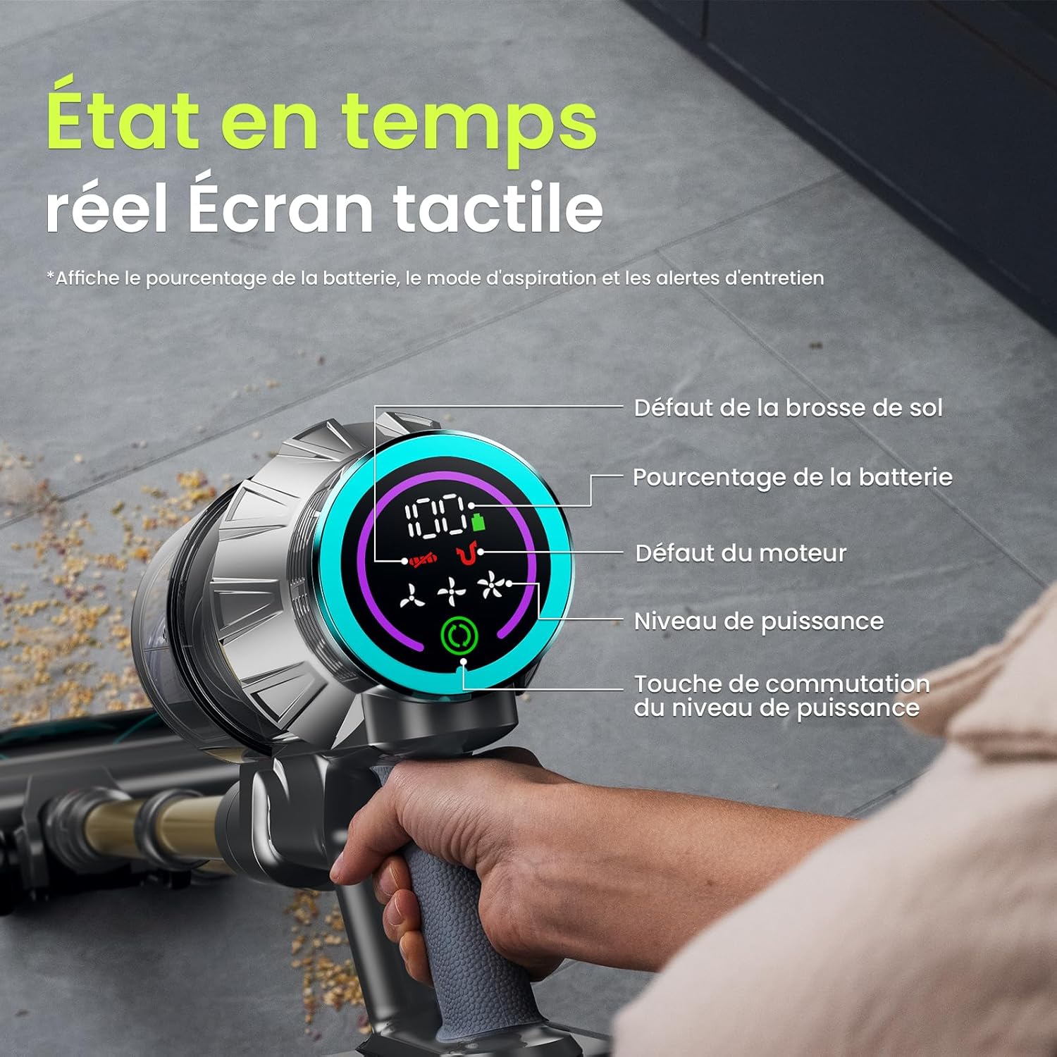 Linkifly XT1 vacuum's LED display showing battery percentage, suction mode, and maintenance alerts.