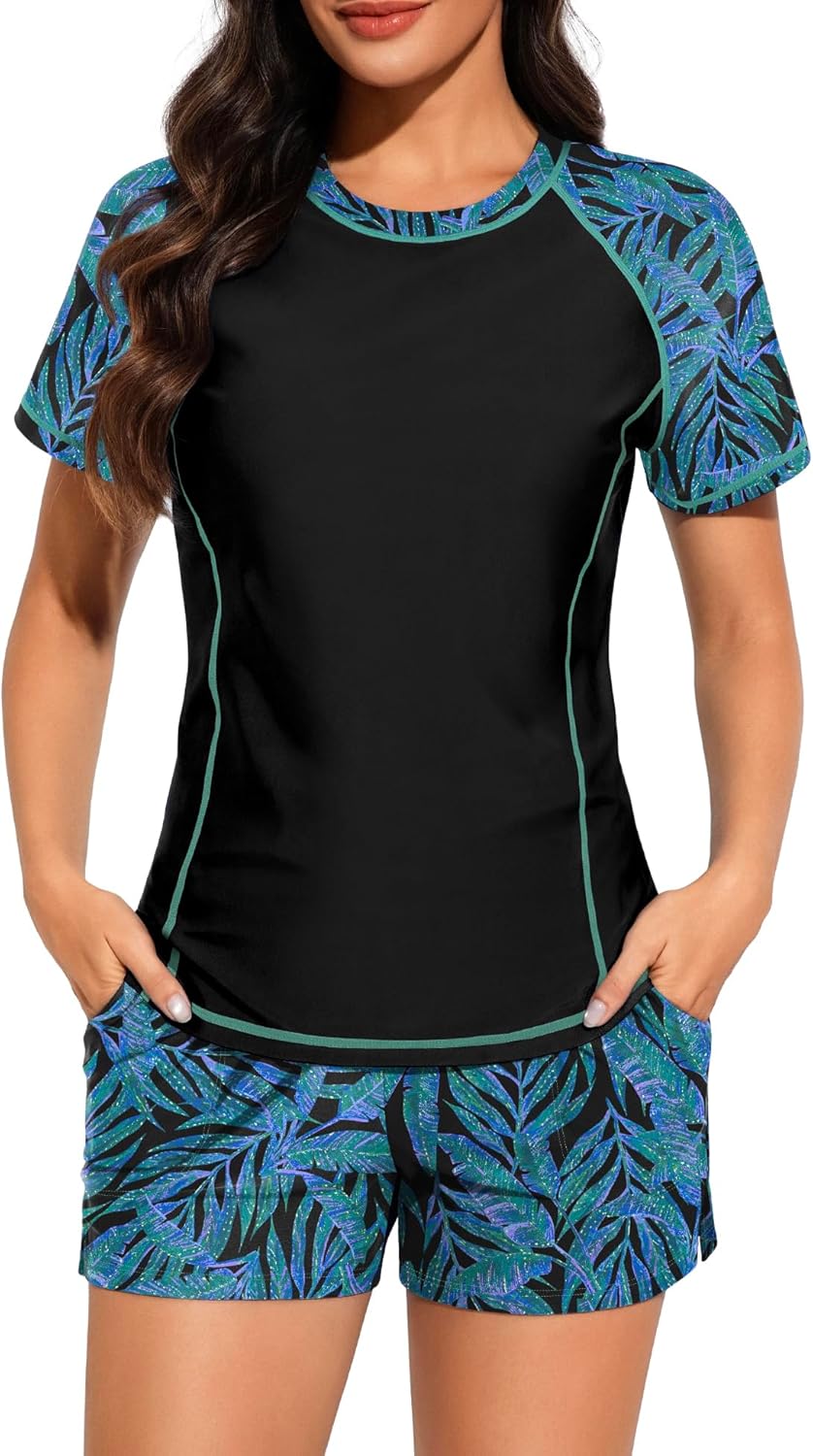 Bonneuitbebe Women 2 Peice Rash Guard Built in Bra UPF 50+ Swimsuits Short Sleeve Swim Shirt with Boyshorts with Pockets