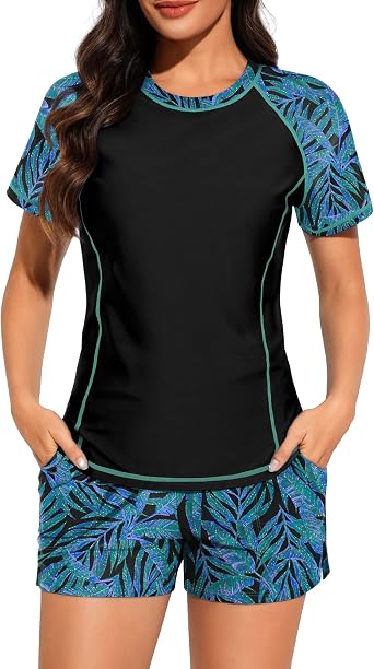 Bonneuitbebe Women 2 Peice Rash Guard Built in Bra UPF 50+ Swimsuits Short Sleeve Swim Shirt with Boyshorts with Pockets