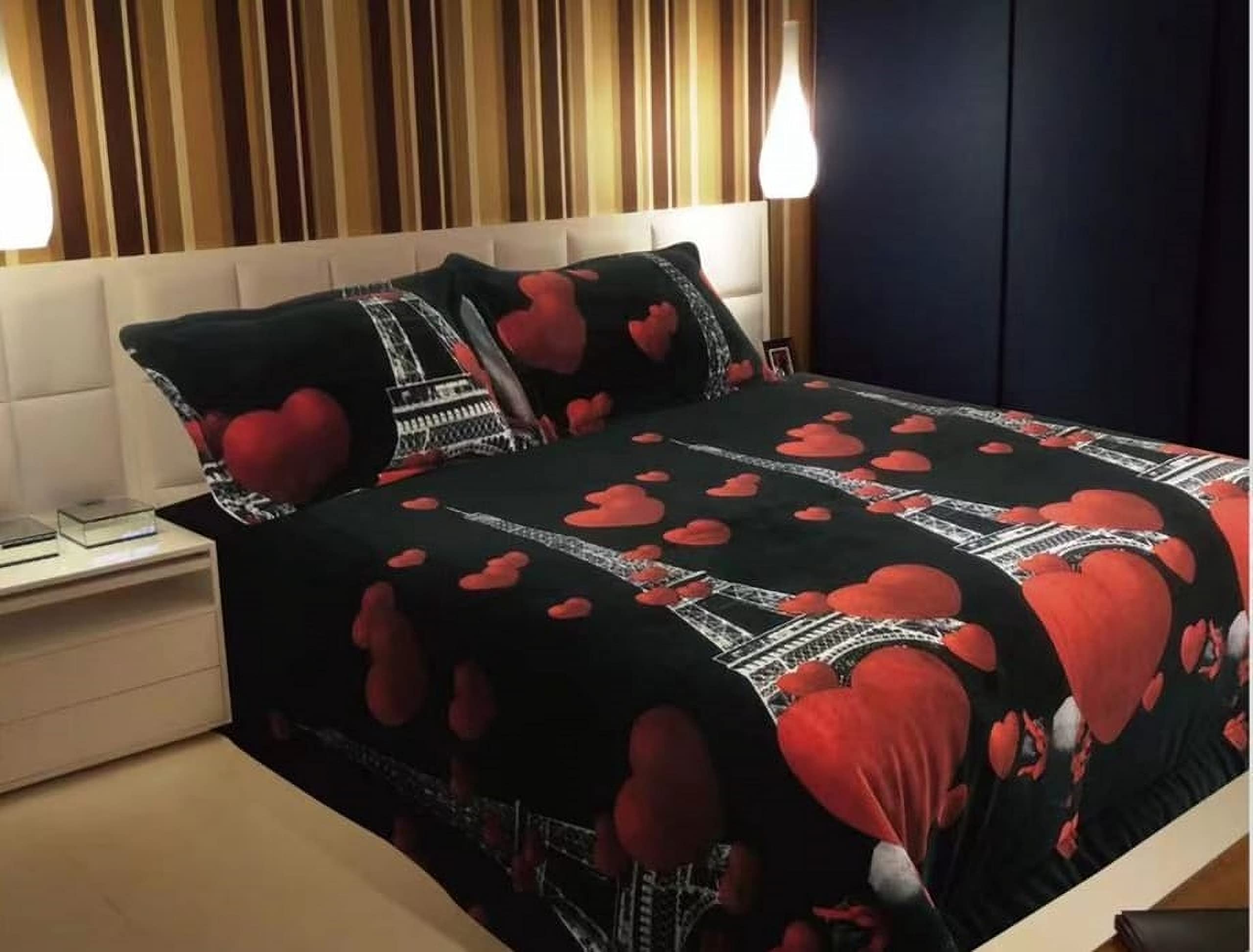 Edredón de invierno Paris Matrimonio 135/150cm disponible en 90cm estampado negro y rojo sedalina y sherpa de color blanco 600grs de borreguito de 240 x 260cm incluye cuadrantes de 50_x_70cm