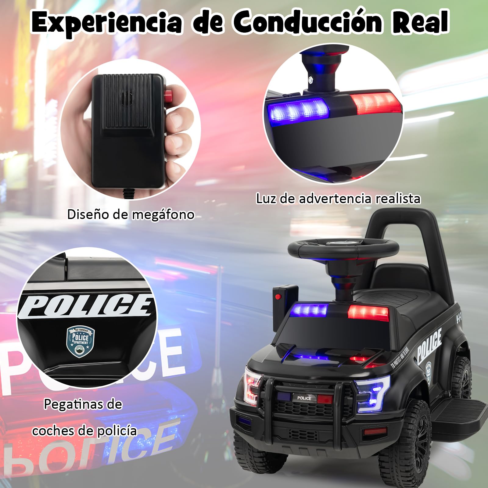 COSTWAY 6V Coche Electrico de Policía para Niños, Coche Batería para Niños con Megáfono Lateral, Bocina, Luz de Alarma y Sonido de Sirena, Reposapiés Ancho, Vehículo para 18-60 Meses (Negro)