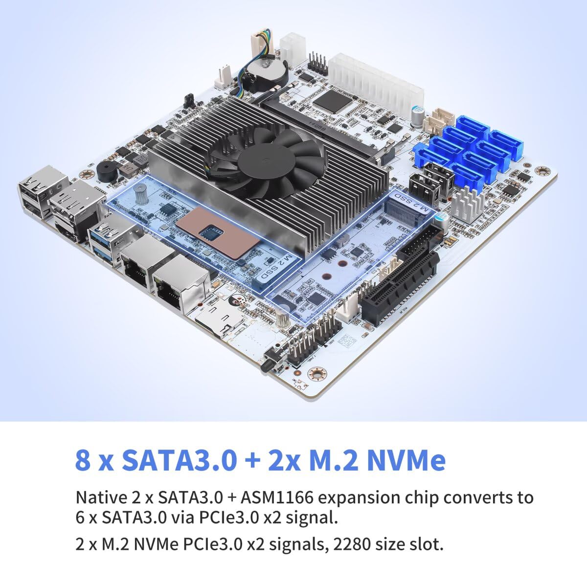 NAS Mainboard Low Power Core i5 8265U, 8×SATA3.0 Mini ITX Motherboard, Computer Board 2xNVMe(PCle3.0 x2), Barebone No Ram No SSD, 2 x 2.5GBE LAN, TF Card, Dual Display