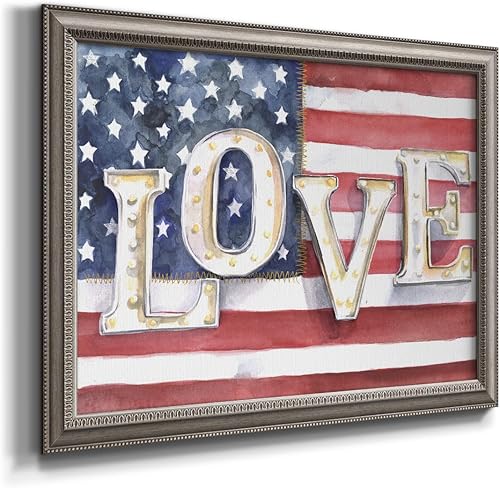 Miniatura 2 de LS005 - Arte de pared con bandera estadounidense con palabras de amor, pintura de arte moderno, decoración del hogar, lienzo enmarcado plateado,