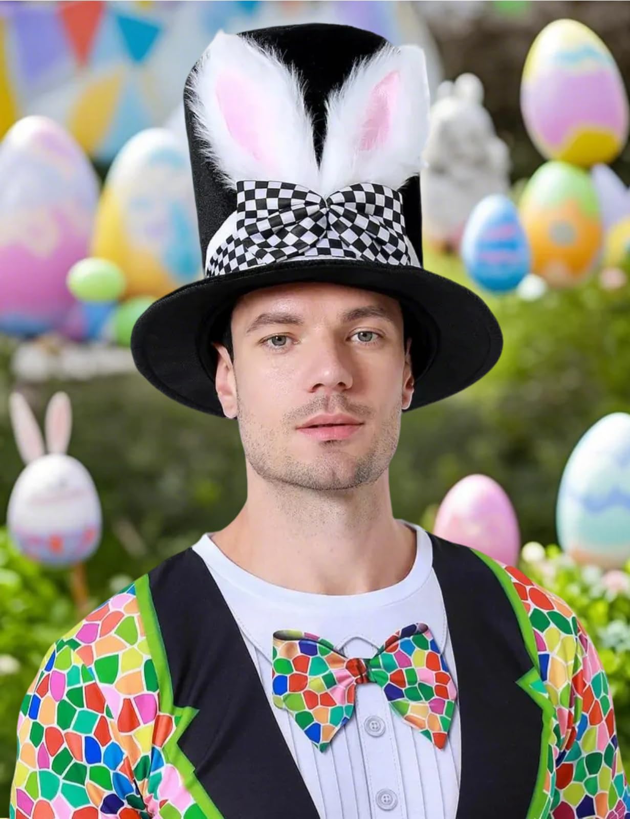 COSAVOROCK Easter Bunny Hat Adult Mad Hatter Hats White Rabbit Costume Black Topper - Image 4