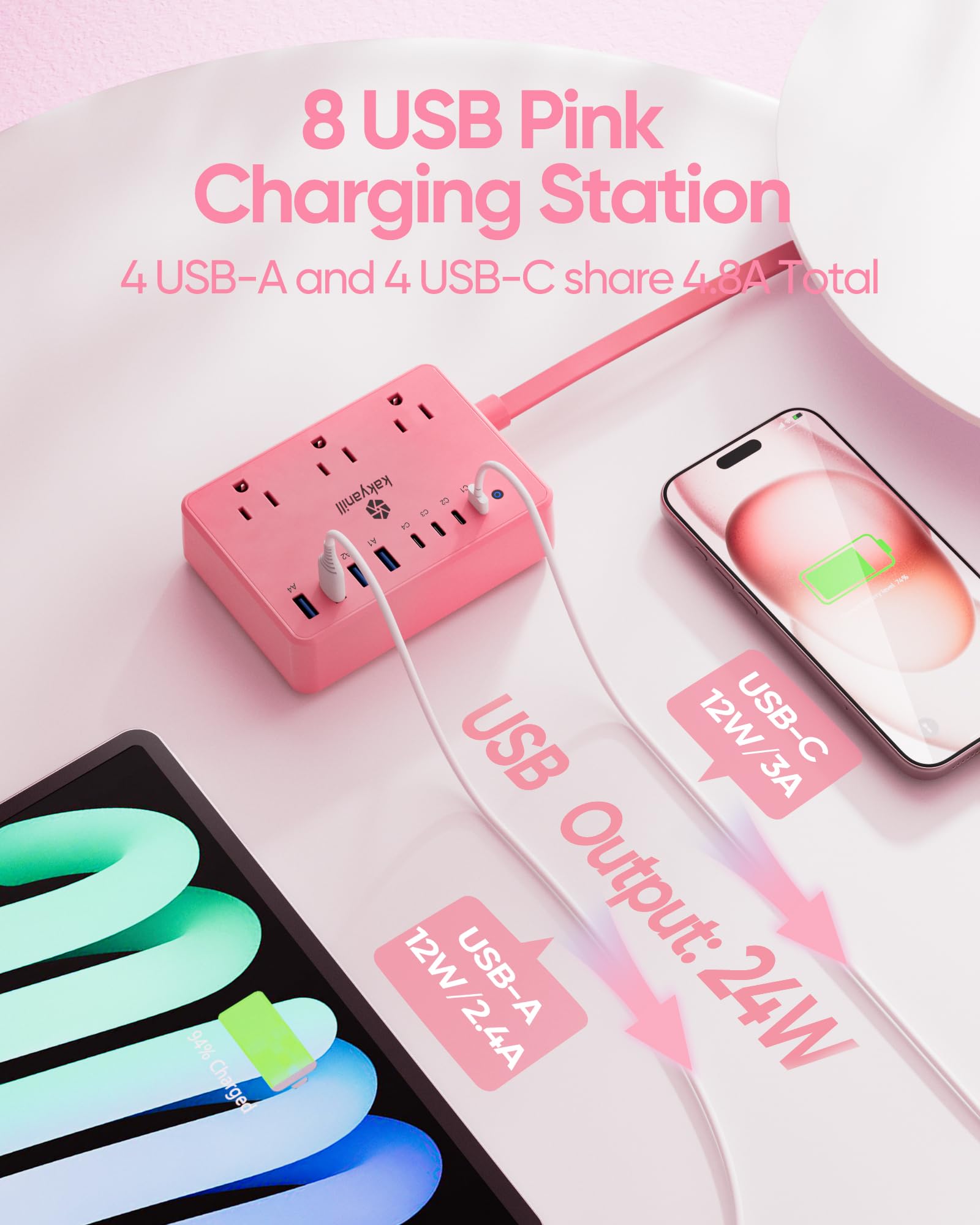 Kakyanill - Regleta de alimentación rosa, 6 salidas de CA, 8 puertos USB (4 USB C) con protector de sobretensiones 2000J, cable de extensión de enchufe plano de 5 pies, compacto para computadora
