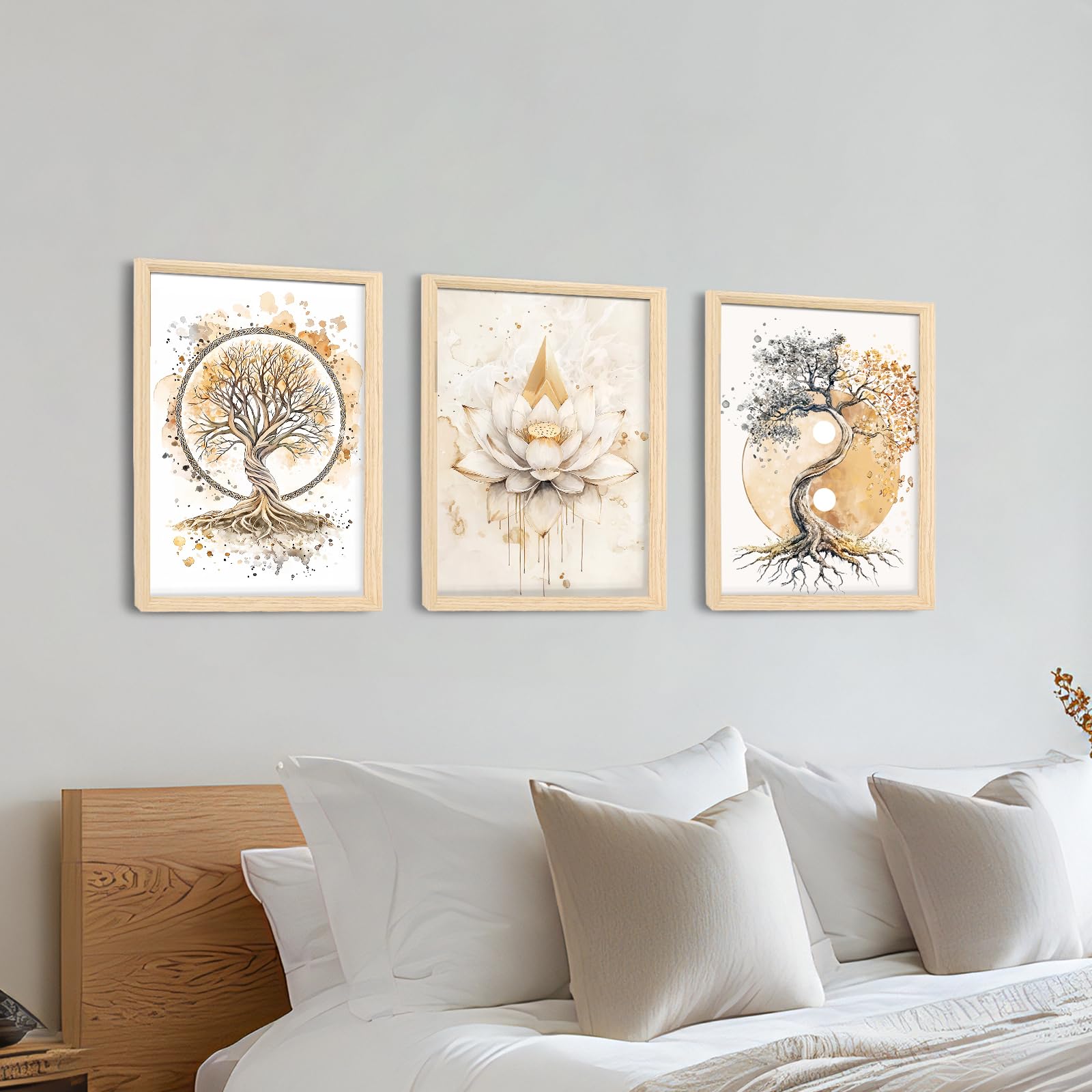 3 Pcs Wooden Framed Canvas Wall Art Set Bohemian Sage Green Canvas Prints Poster Geometric Line Beige Green Pictures for Living Room Bedroom Dinning Room Hallway Stairs Wall Decor 30x40cm x3pcs — view 486