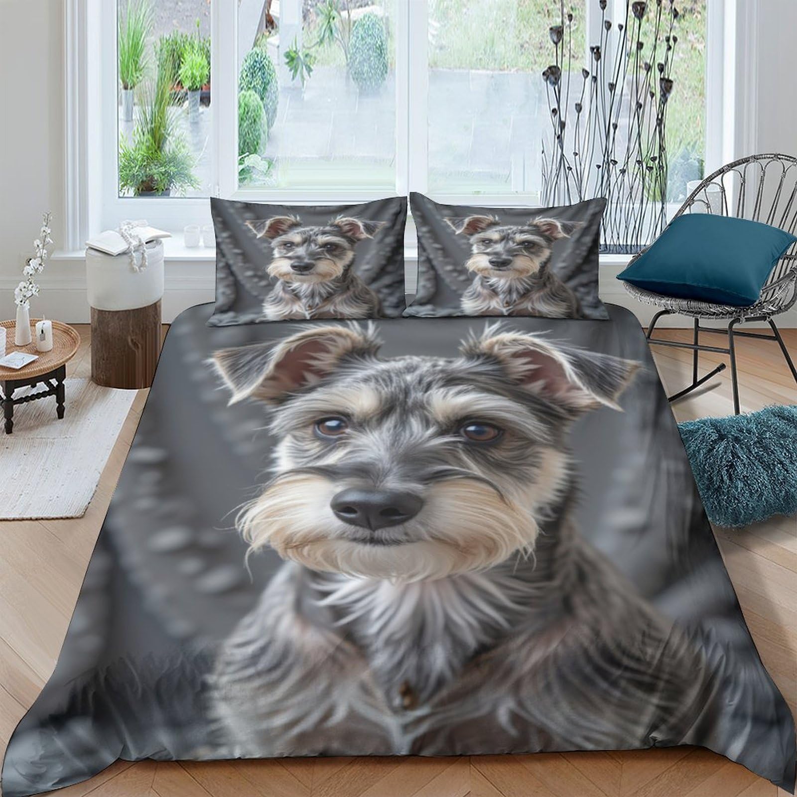 Ctjqhvkz Style-2 3D Printed Schnauzer Dog Fitted Sheet Microfiber Grey Animal Portrait Mattress Cover For Bedroom Guest Room Home Decor Easy Care Single（135X200cm）
