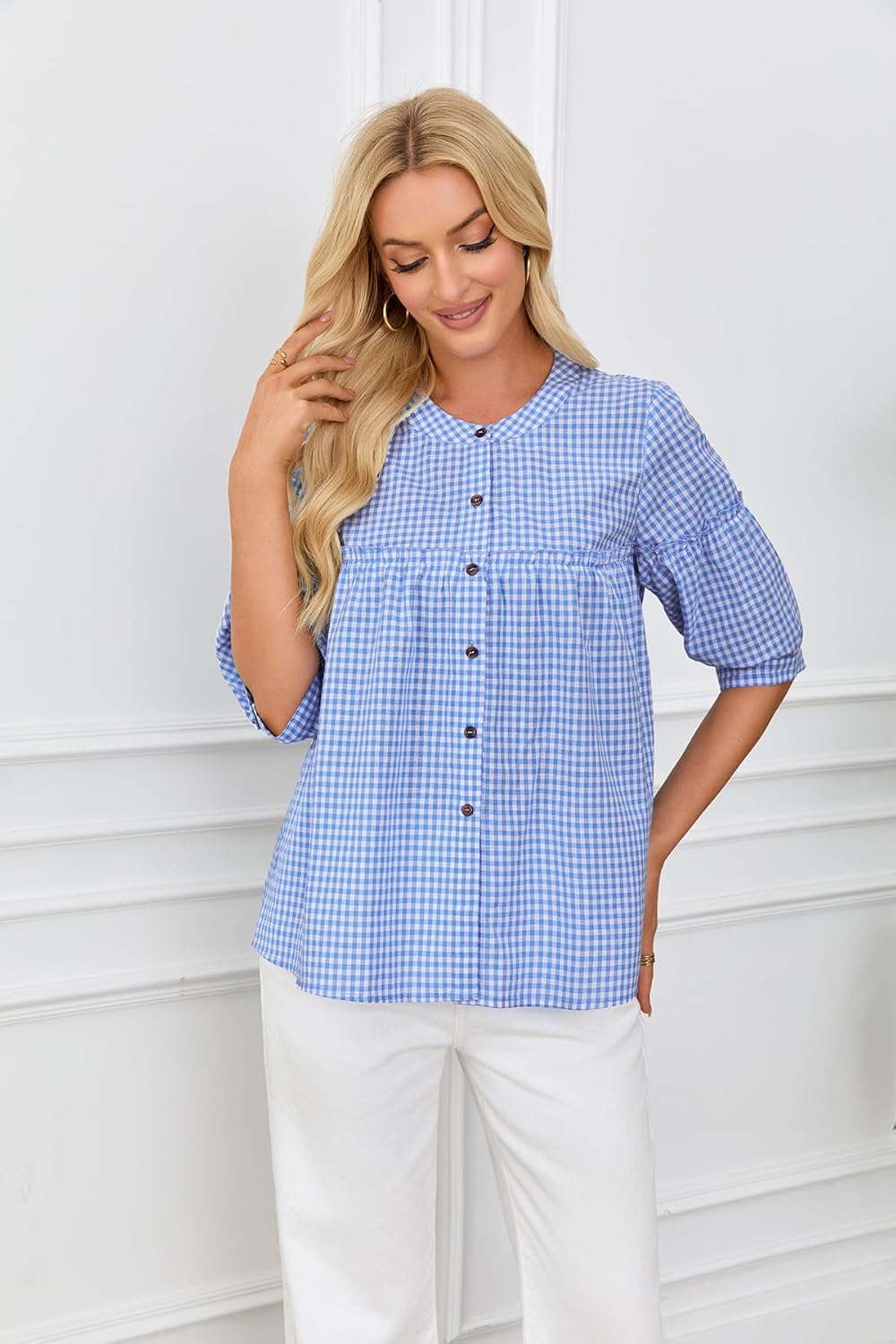 utcoco Womens Plaid Button Down Shirts Casual Loose Fit 3/4 Sleeve Tunic Tops Checkered Blouses - Image 6