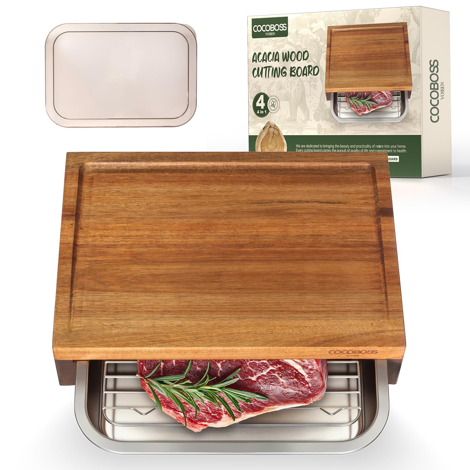 COCOBOSS Planche à découper en bois d'acacia avec bac de récupération, couvercle et grille de refroidissement 35,5 x 25 x 8,7 cm