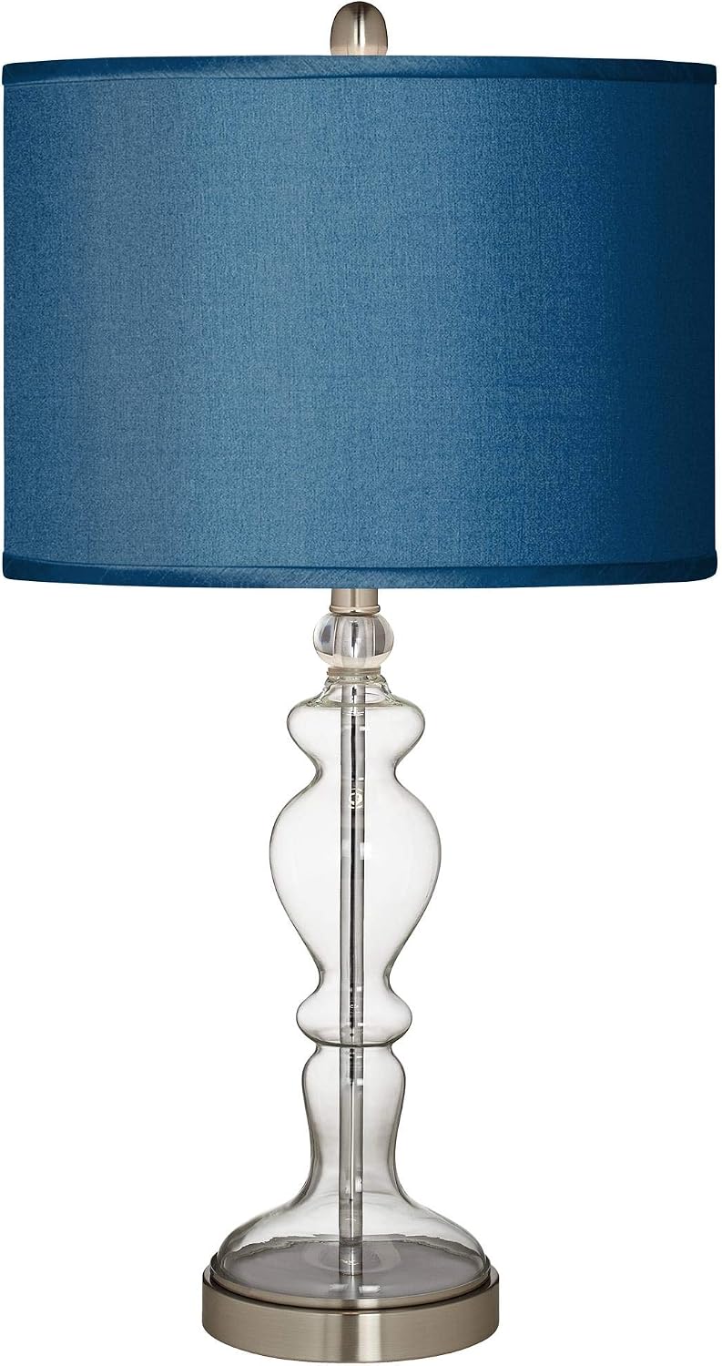 Possini Euro Design Modern Table Lamp 28" Tall Clear Glass Apothecary Candlestick Blue Textured Faux Silk Fabric Drum Shade Decor for Bedroom Living Room House Home Bedside Nightstand Office Family