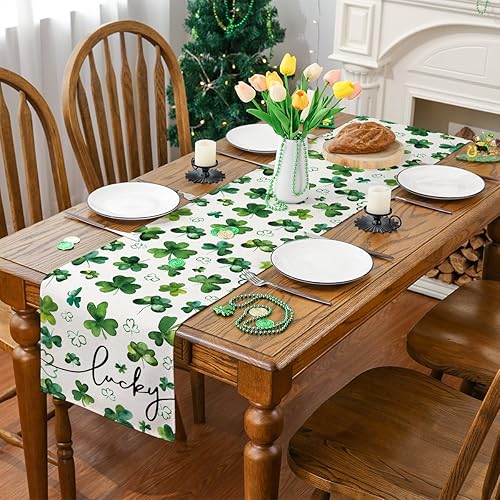 Miniatura 4 de Siilues Camino de mesa del día de San Patricio decoraciones del día de San Patricio de la suerte trébol verde decoraciones de mesa de primavera y