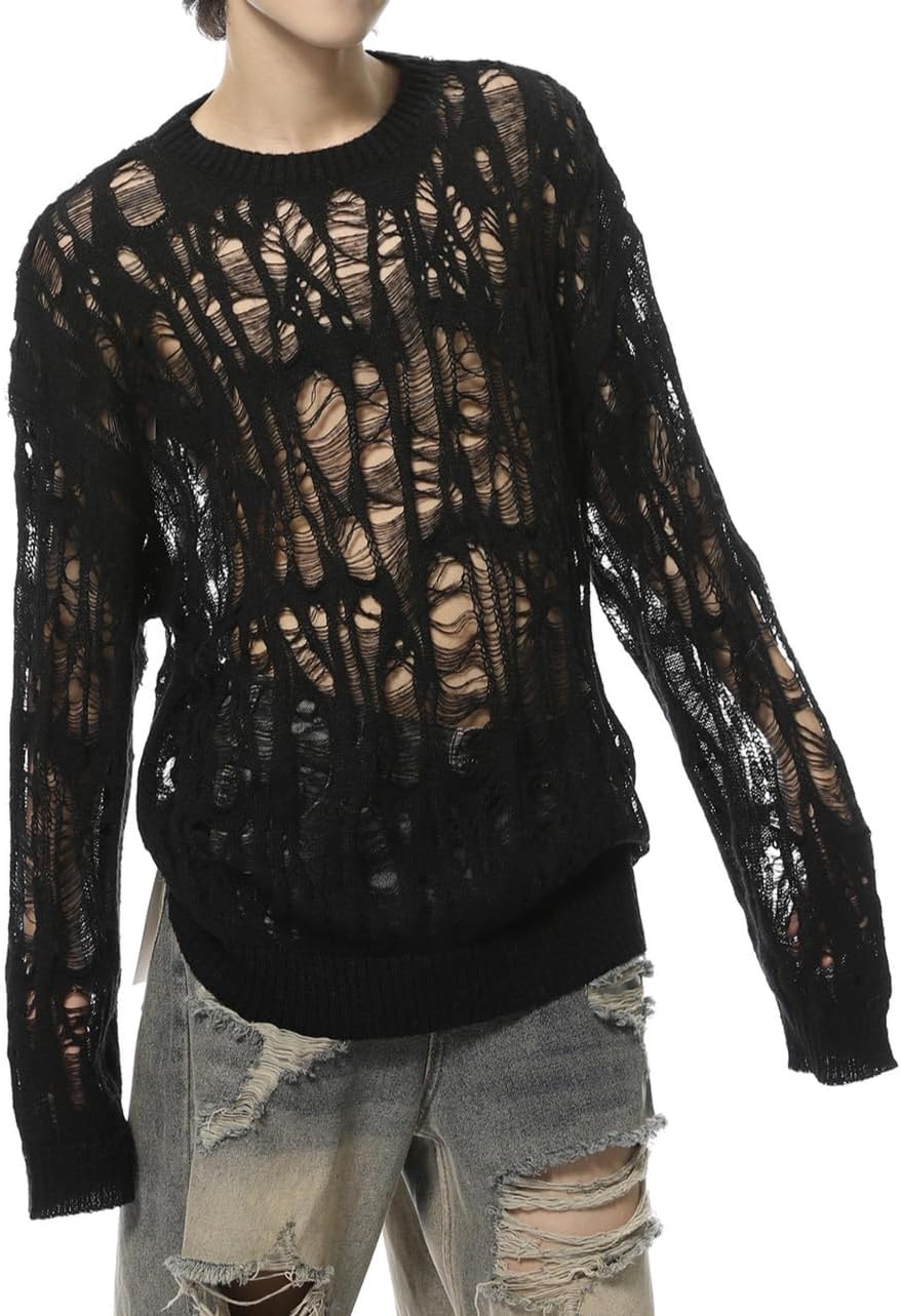 Men's Hollow Out Knitted Sweater Ripped Long Sleeve Drop Shoulder Undershirt Street Club Pullover Tops