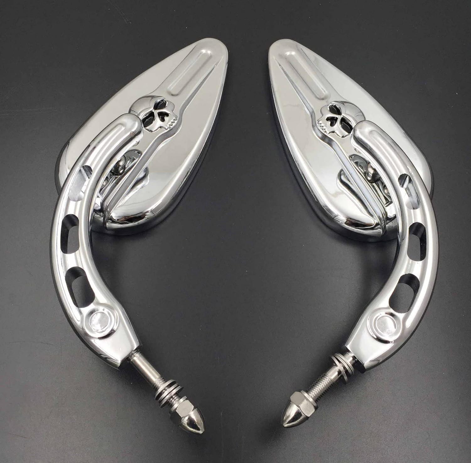 HTTMT MT383D- Chrome Skull Side Mirrors Compatible with Harley Davidson 1982-later all models (except VRSCF,2014-later FLHTKSE,FLHRSE6, FLHR and FLHRC models and XL1200X mounted below the handlebars)