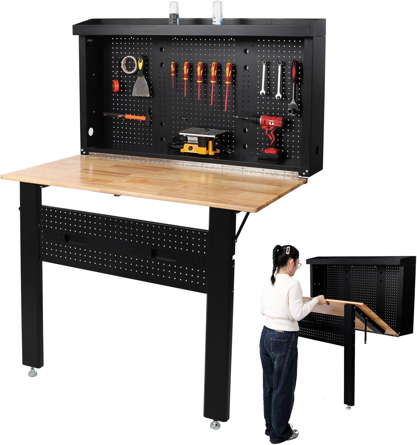 HIROHRTV Wall Mounted Foldable Workbench: Rubberwood Top, 440 lbs Capacity, Steel Pegboard - Space-Saving Garage Storage Black