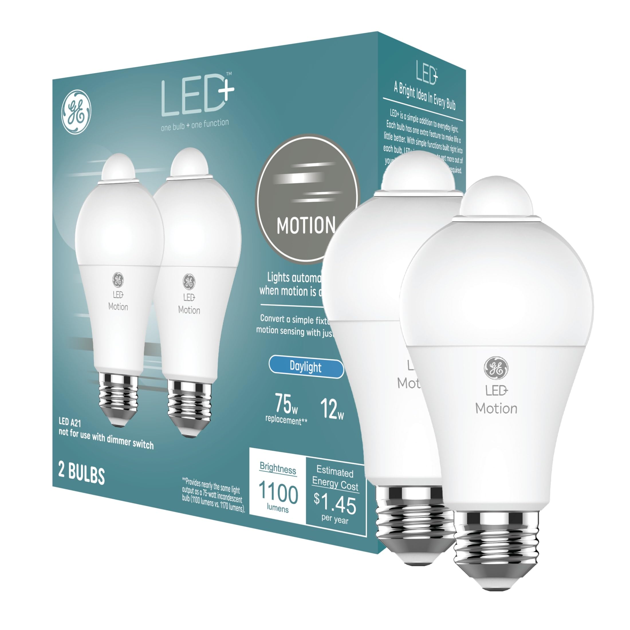 GE LED+ Motion Sensor LED Light Bulbs, 12W, Outdoor Security Lights, Daylight, A21 (2 Pack)