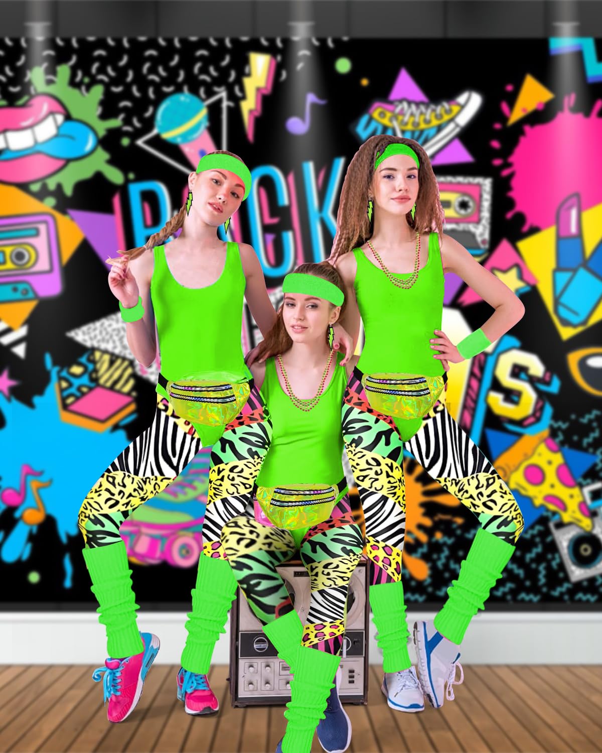 Disfraz Años 80 Mujer Disfraz Chándal años 80 Leotardo Legging Diadema Muñequeras Calentadores de piernas Pendientes Fanny Pack Traje de leotardo de los 80 para los años 80 y 90