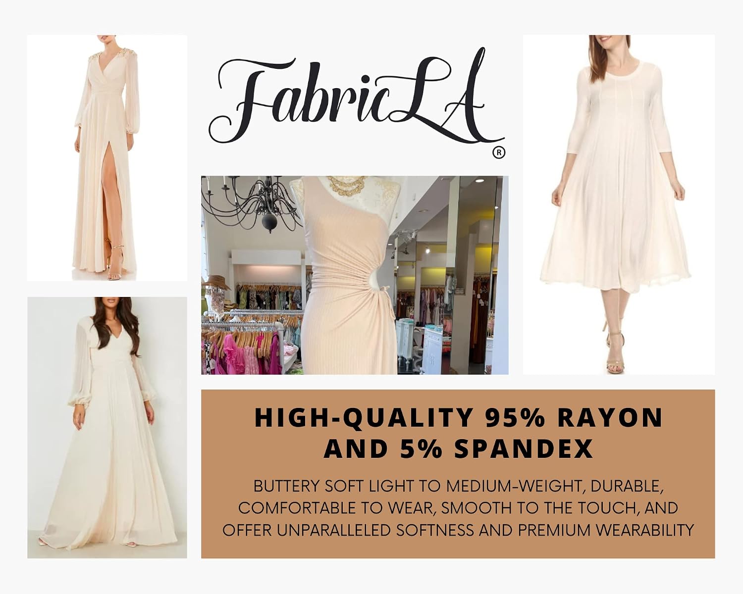 FabricLA Rayon Jersey Spandex - 4 Way Stretch - 58/60" Inches (150 CM) Wide - Medium to Heavy Fabric 240gsm - Ivory, 5 Yards