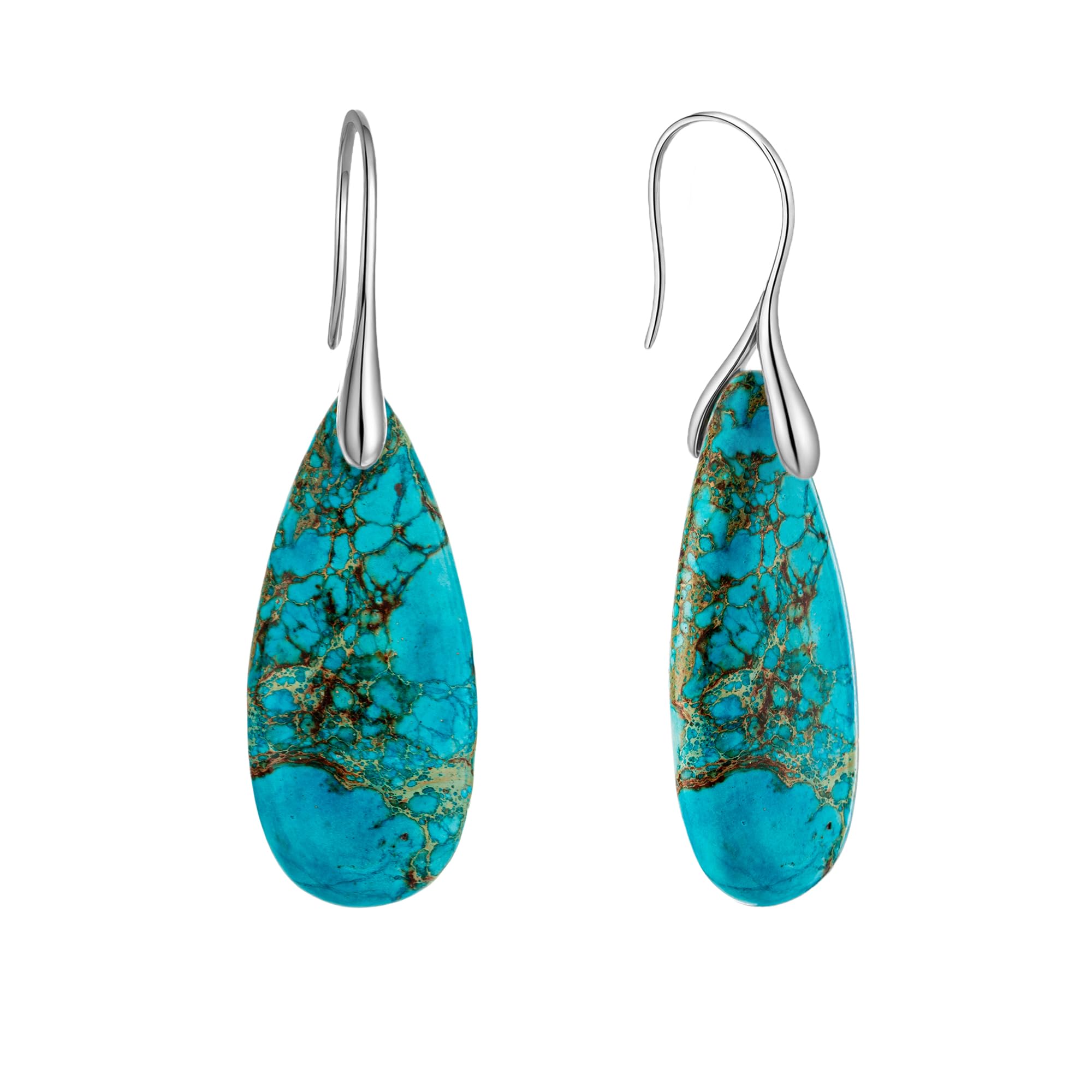 925 Sterling Silver Natural Imperial Jasper Dangle Drop Earrings, Waterdrop Shape, Boho Style