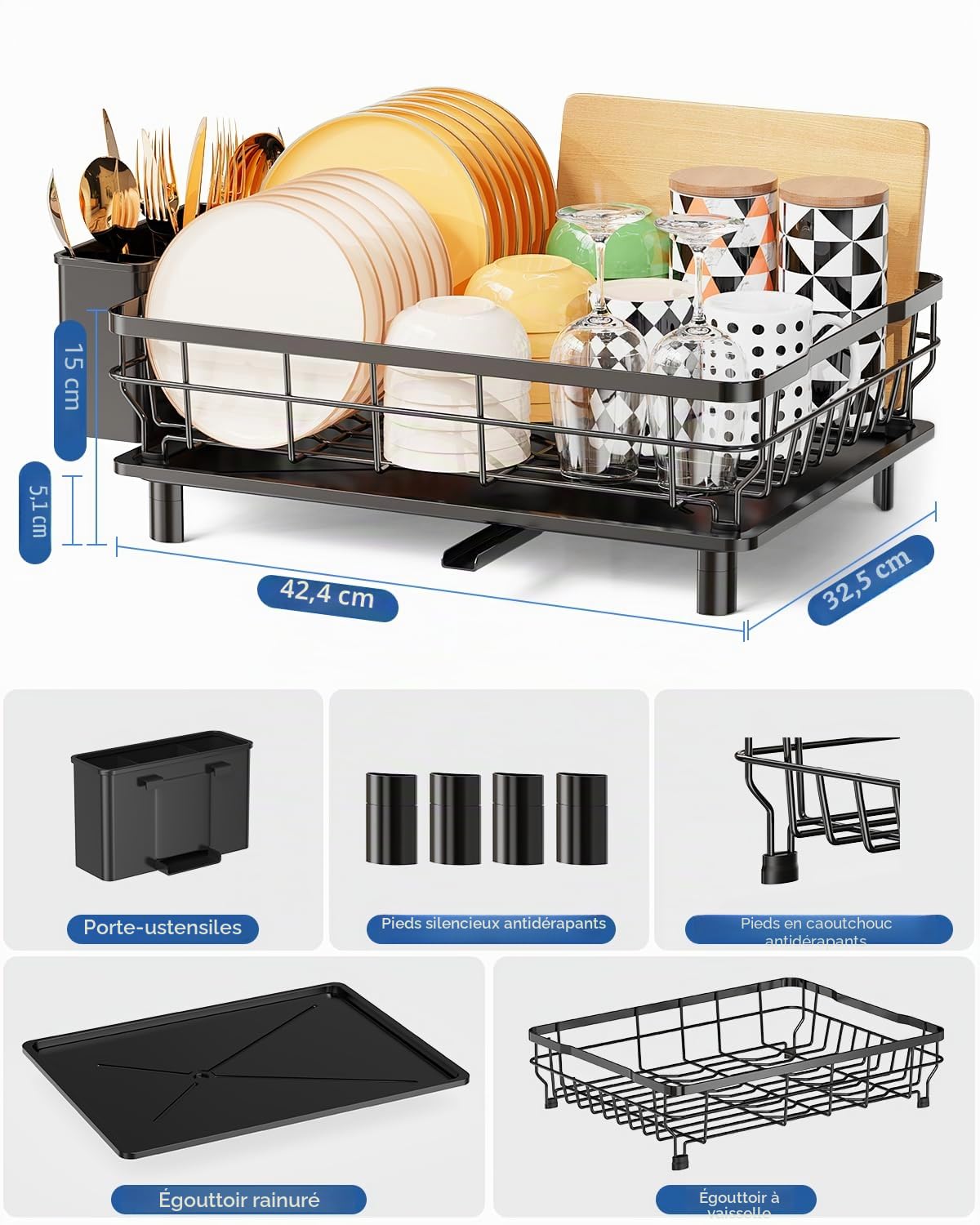 Egoutoire Vaisselle Cuisine,Grande Égouttoir Vaisselle avec Plaque de Drainage,Acier Inoxydable Égouttoir Vaisselle avec Porte-Ustensiles et Buse Rotative,Séchoir à Vaisselle Rangement