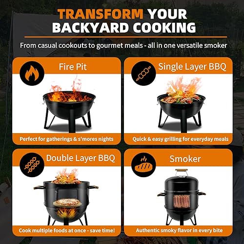 Miniatura 5 de Realcook Parrilla ahumadora de carbón para barbacoa ahumadores verticales de carne de 17 pulgadas de alta resistencia - Combo de ahumador de carbón