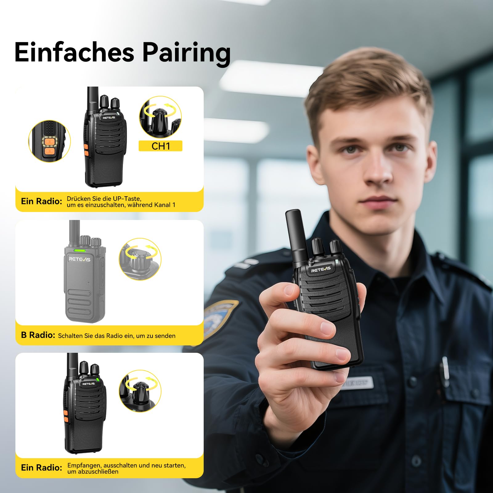 Retevis H777 Walkie Talkie Professionali, Ricetrasmittenti PMR446 con Caricatore a 10 Vie, PMR446 Radio Bidirezionale Senza Licenza, Radio con Cuffia per Commercio e Sicurezza (10 Pezzi, Nero)