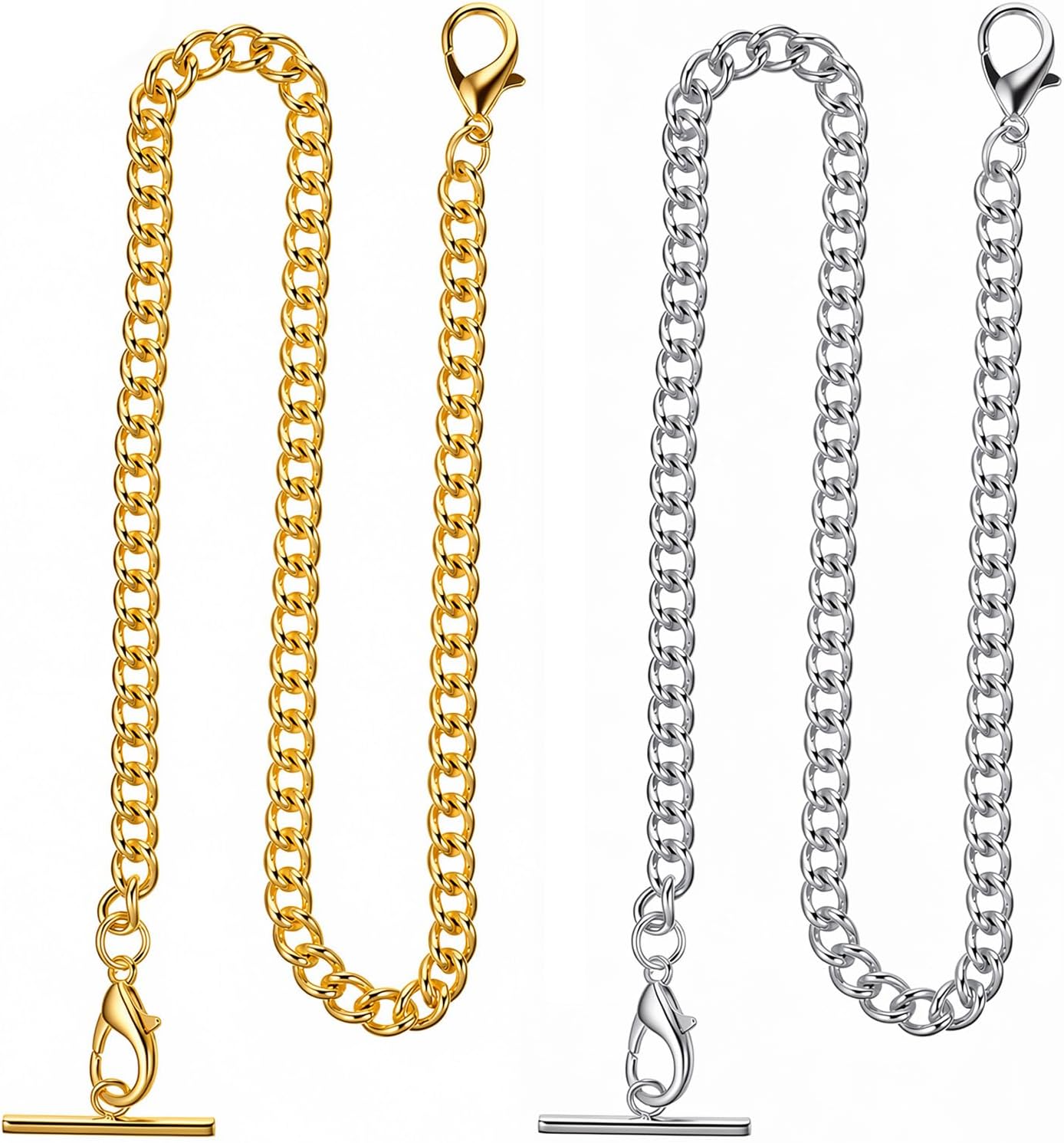 2 Pcs Pocket Watch Chains for Men Pocket Watch Chain with T Bar 15.7 Inch Vintage Metal Alloy Vest Chain Stainless Steel Chains for Men Woman Pockets Watches Gold Silver