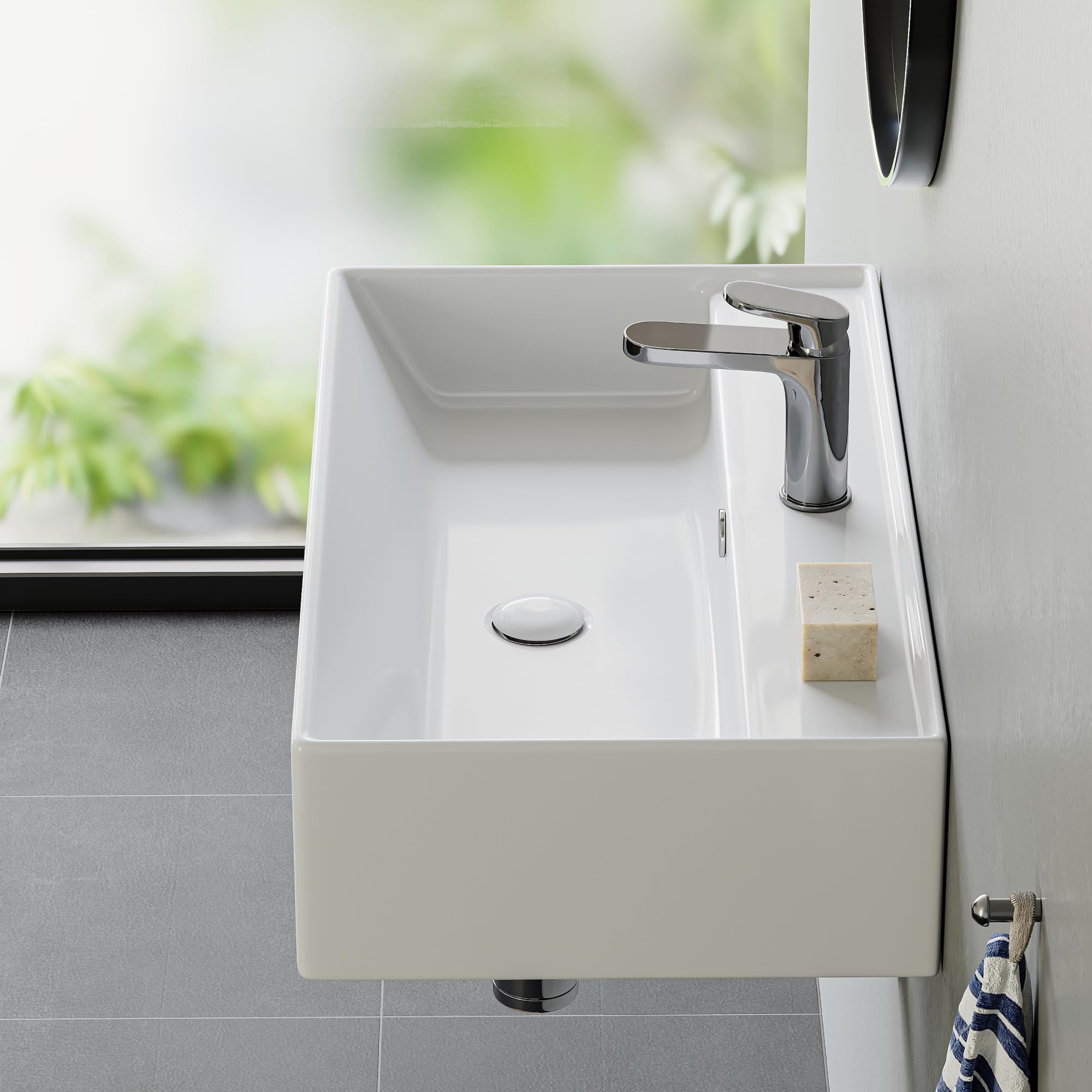 HOROW Lavabo con diseño de borde fino, rectangular, lavabo colgante o lavabo, con orificio para grifo, lavabo de pared para invitados, ideal para baño y lavandería