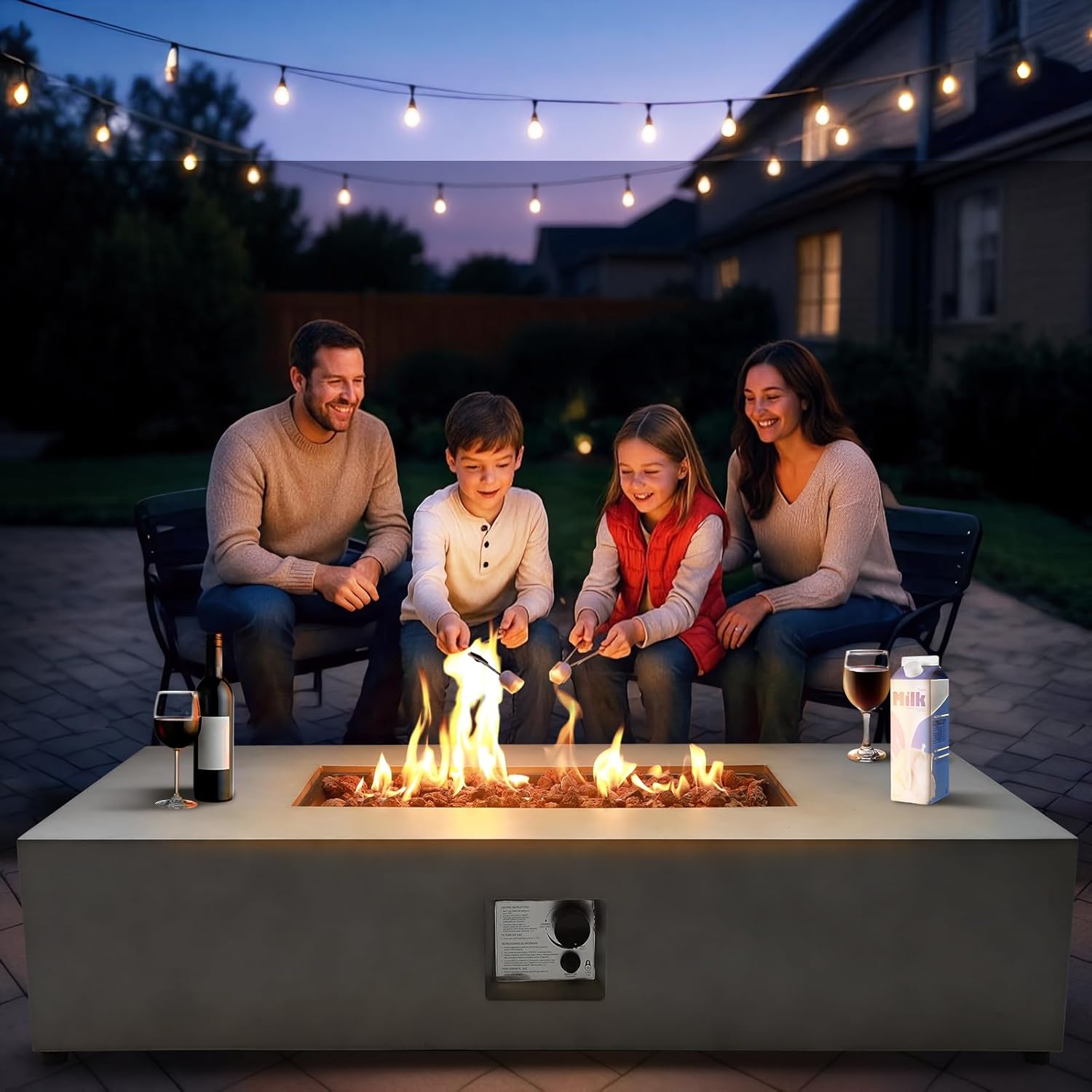 54" Outdoor Propane Fire Pit Table Set, 50,000 BTU Rectangle Concrete Gas Fire Pit Coffee Table W Auto-Ignition, Stainless Steel Burner, Lava Rocks, and Rain Cover for Patio, Backyard, Garden, Porch