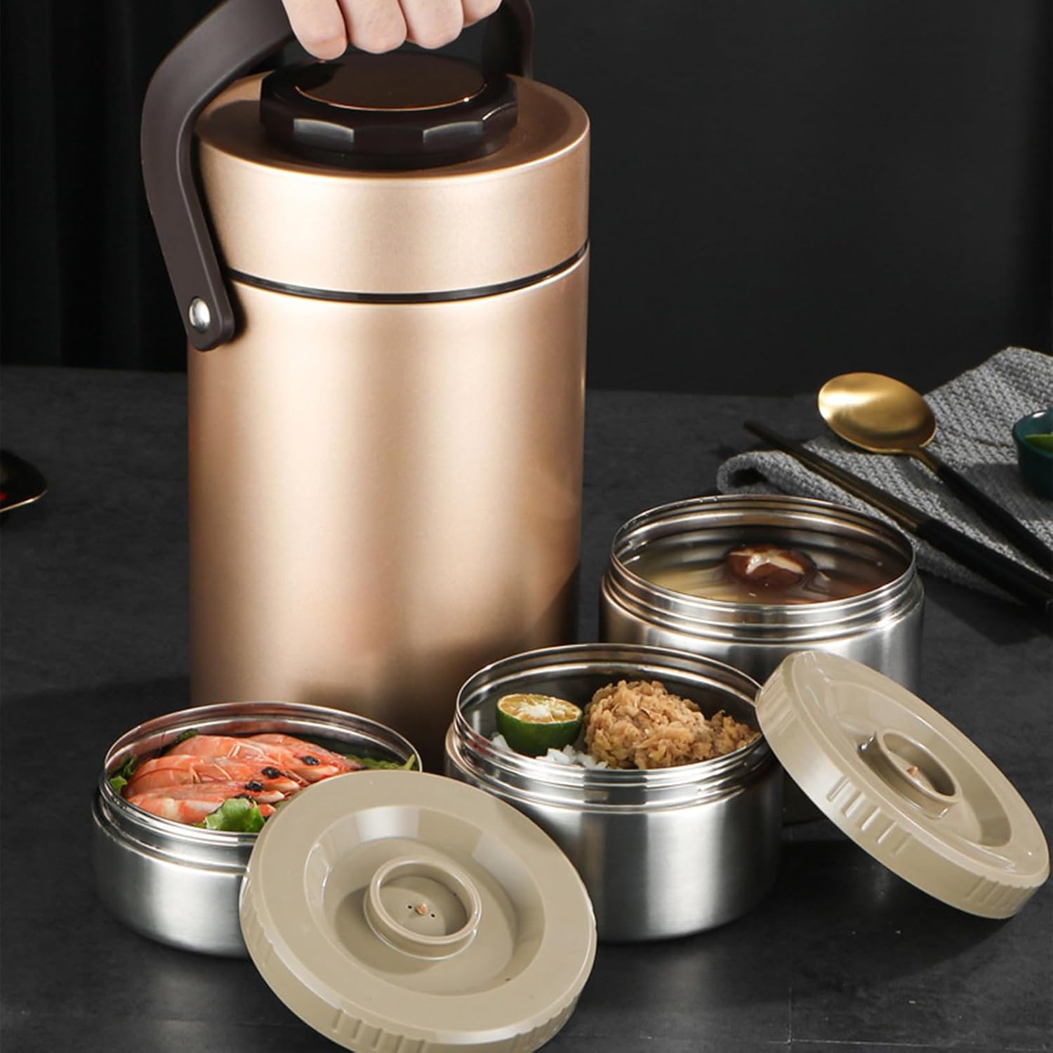 積み重ね可能なデザインの錆びないスチール製断熱食品容器。温かい食事用のランチコンテナ。ゴールデンラ