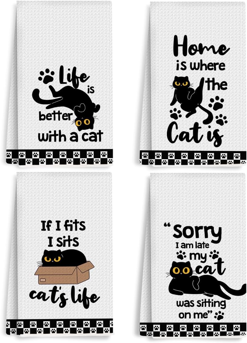 4Pcs Funny Cat Meme Kitchen Towels 24x14 Inch, Humorous Naughty Cats Absorbent Micr...