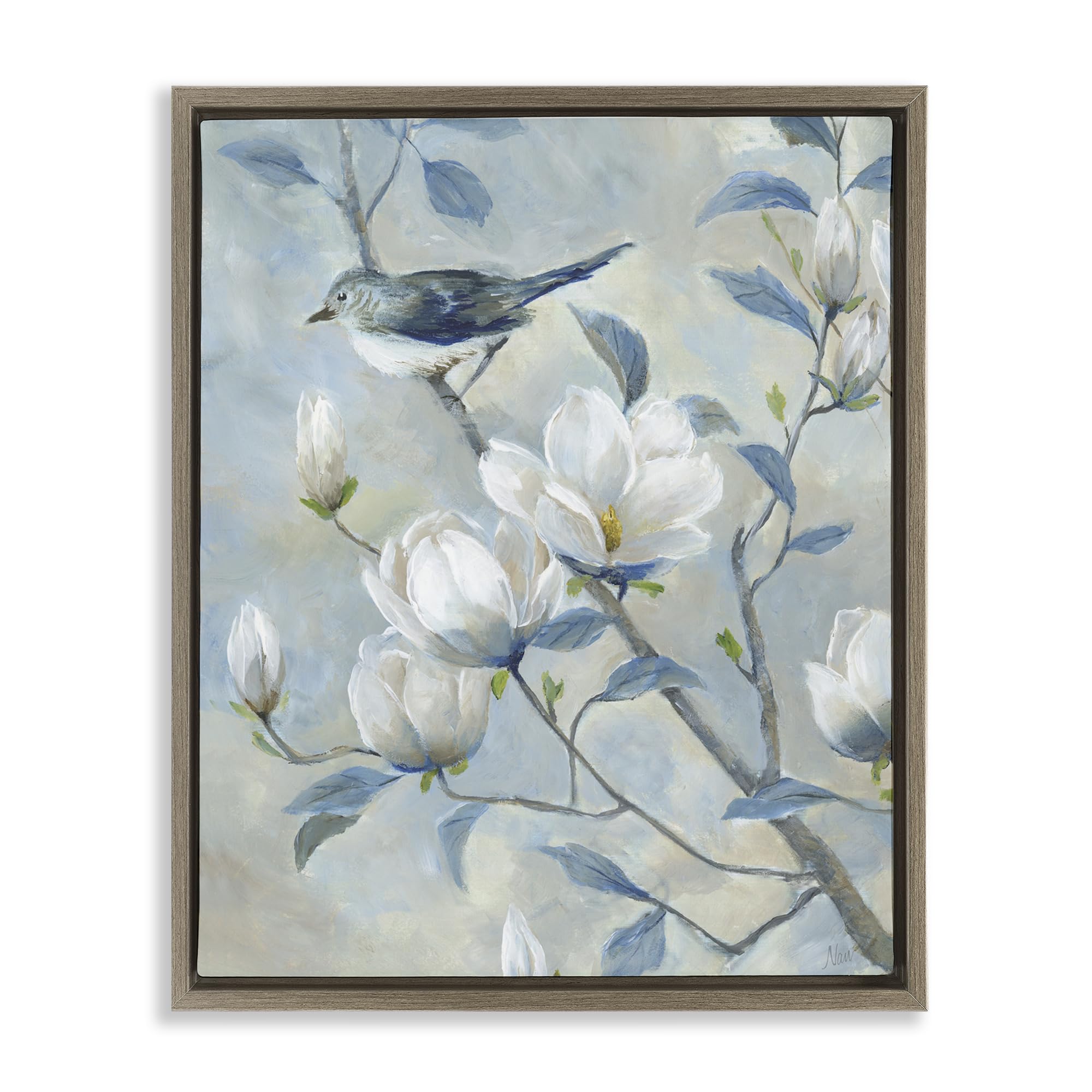 Stupell Industries Blue Bird Magnolia Blossoms 'Blue Bird In Magnolia Tree', Floating Frame Canvas Art, Brown, 25 X 31 Inches, Easy To Hang And Sturdy, Made In Usa, By Nan