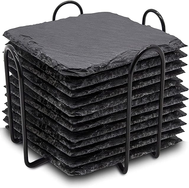 12 Pieces Coasters with Holder, WEWINK PLUS 4 Inch Slate Coasters Bulk Square Rock Rustic Coasters Black Stone Coasters with Anti-Scratch Backing for Bar, DIY, Kitchen, Home Decor