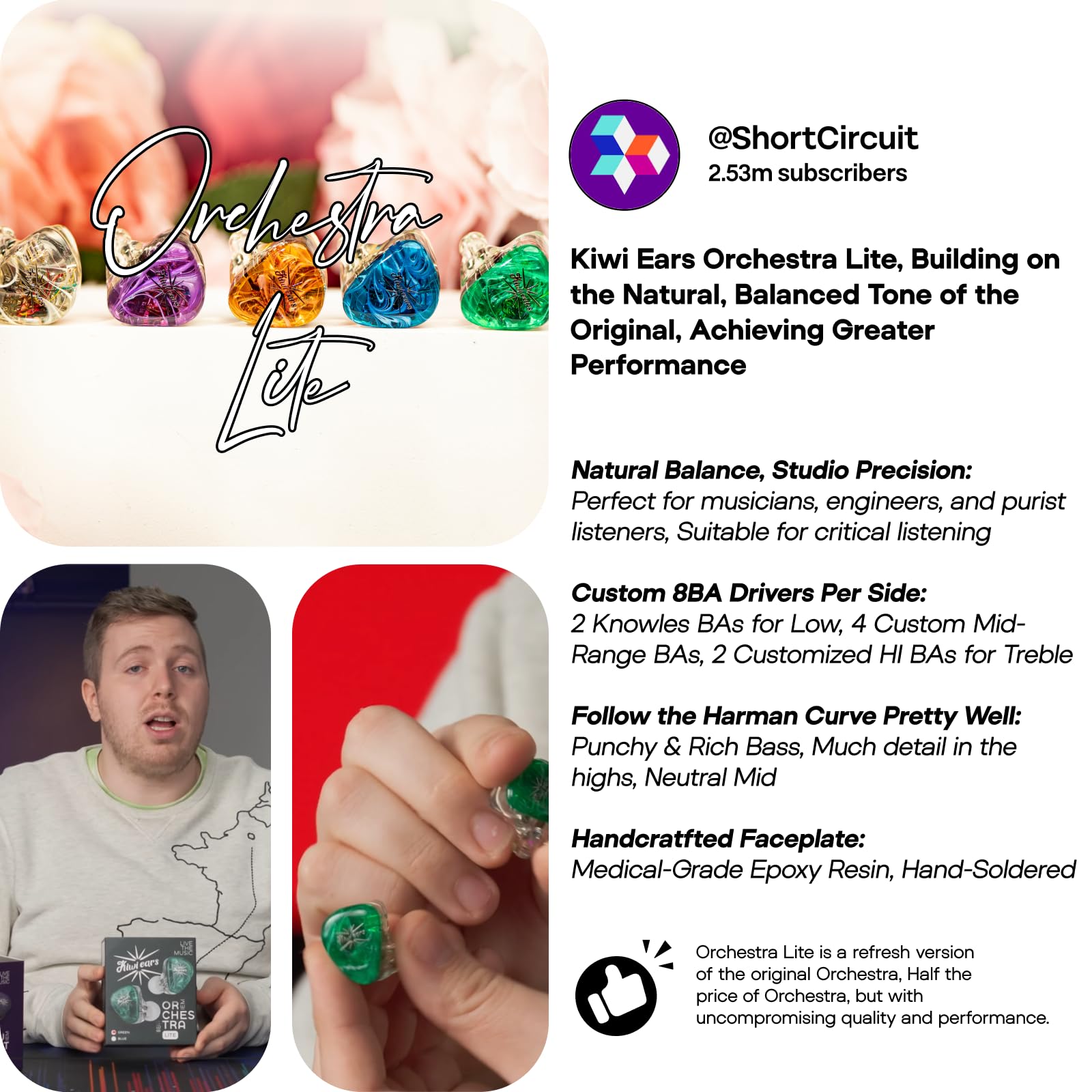 Linsoul Kiwi Ears Orchestra Lite Performance Custom 8BA Moniteur Intra-Auriculaire IEM, Câble Détachable en Cuivre OFC à 4 Fils (Violet)