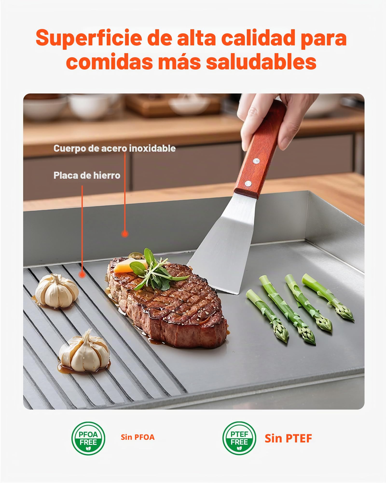 VEVOR Plancha Eléctrica, 3200 W, Control de Temperatura Ajustable 50 a 300 °C, Cuerpo de Acero Inoxidable, Mitad Ranurada, Mitad Plana, con 2 Espátulas, 2 Cepillos y 4 Almohadillas para los Pies