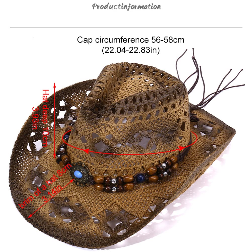 Stroh-Cowboy-Hut für Damen und Herren, Western-Cowboy-Hut, Stroh-Cowboy-Cowgirl-Hut für Herren und Damen, breite Krempe, hohl, atmungsaktiv, Sonnenhut mit Perlenbesatzband, Western-Stil f
