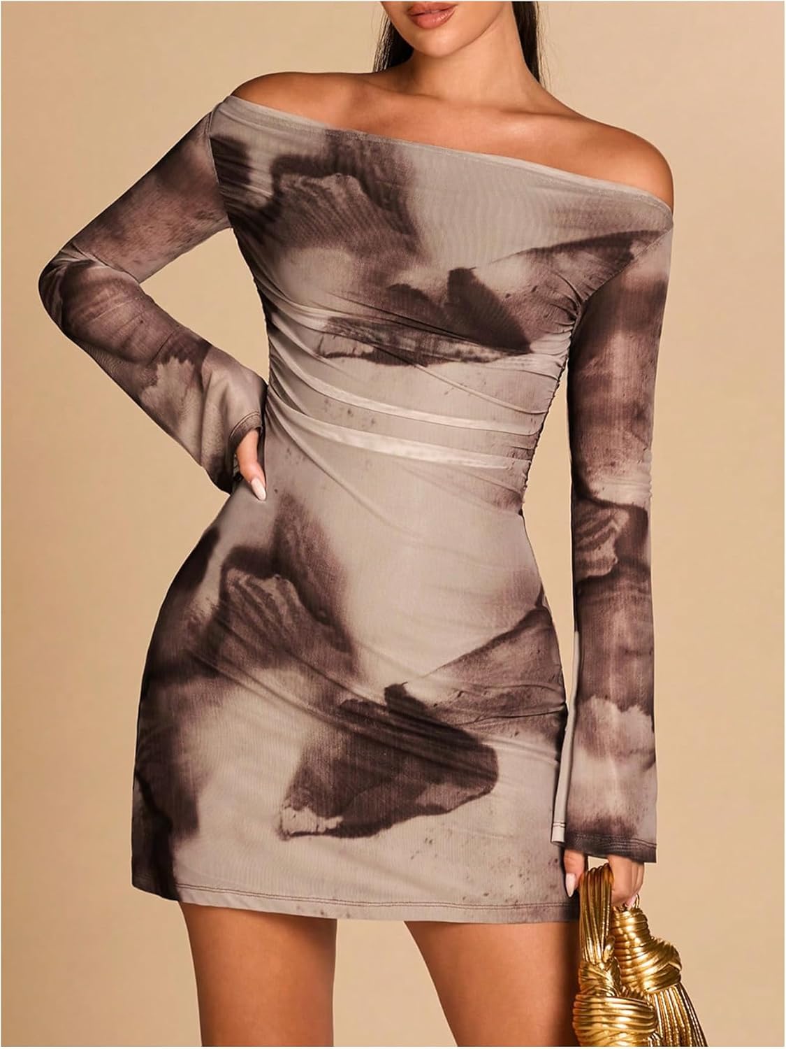 GORGLITTER Women's Off The Shoulder Bodycon Dress Fall Tie Dye Mesh Ruched Long Sleeve Party Club Classy Mini Dresses - Image 3