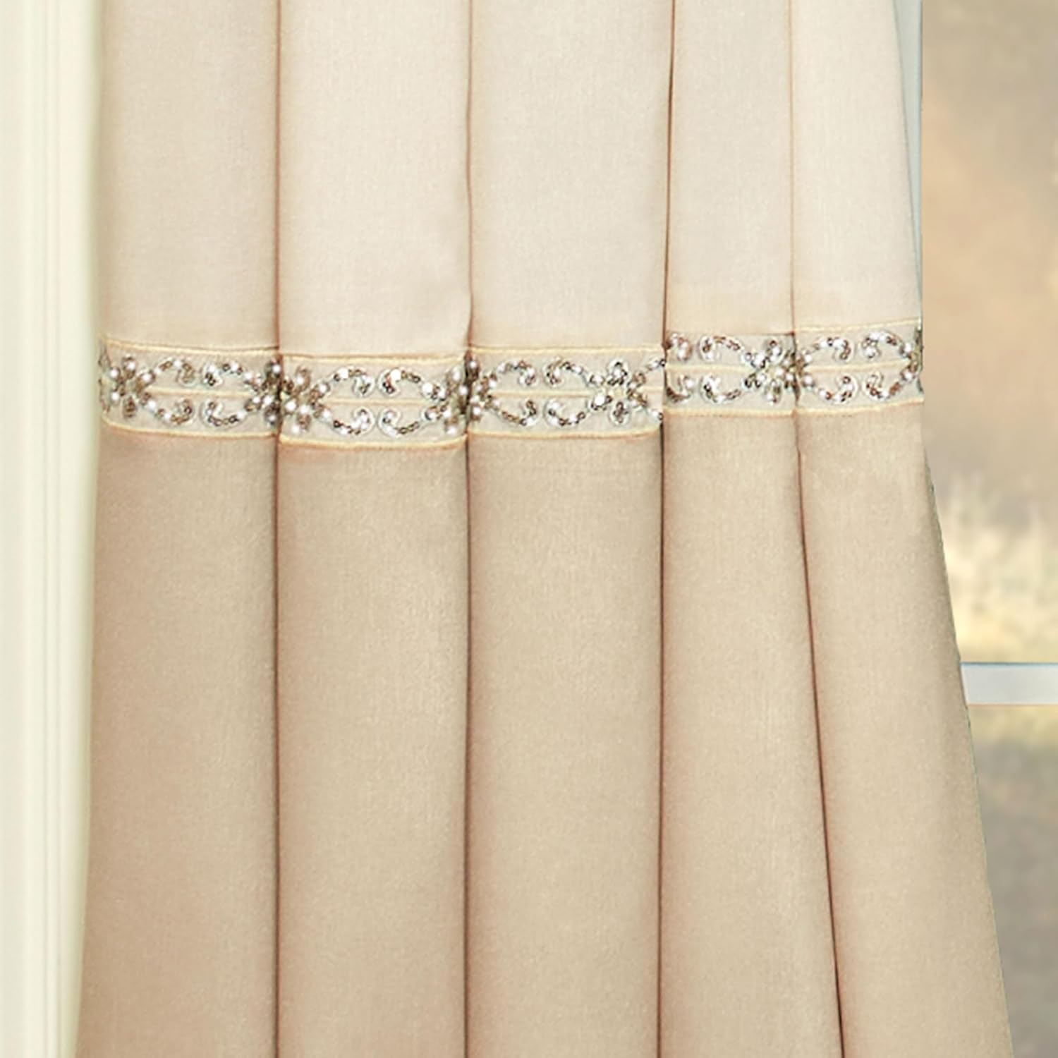 Luxury Elegante Sophisticated Polyester Faux Silk Window Treatment | Light Cream Ivory Metallic Gold | Sparkle Sequins Embroidery Floral | 3 Piece Set with Two Toga Swag Valances and 84L Curtain Pair