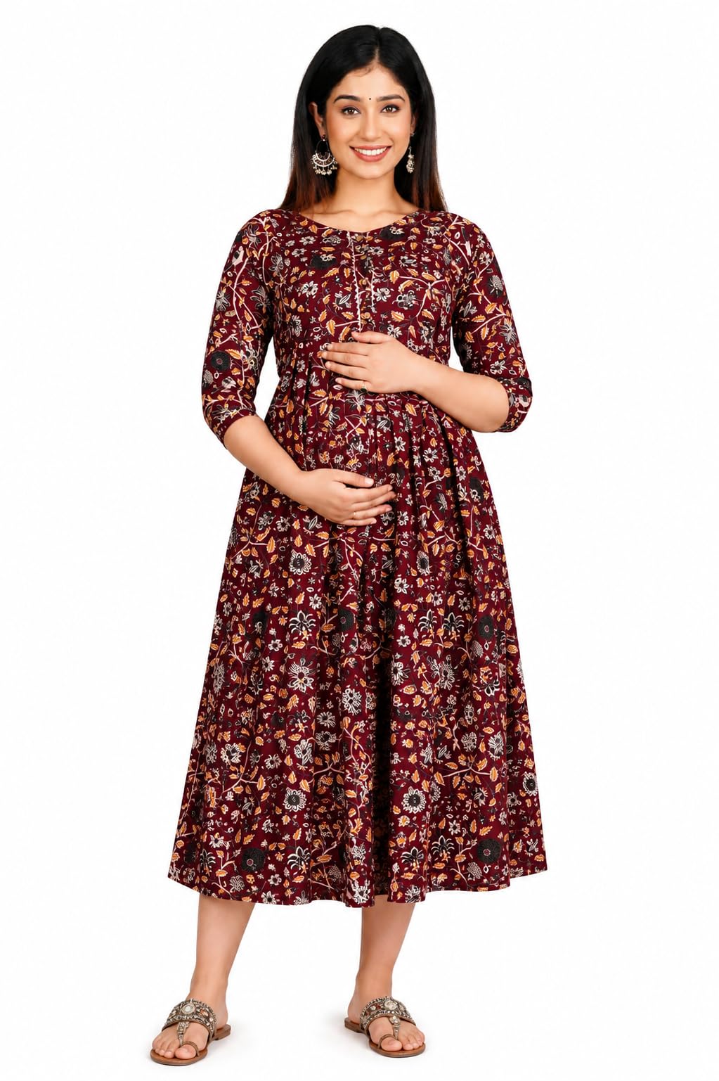 Women's Zipless Maternity Feeding Dress | Printed Anarkali Nursing Dress | Extra Pleats for Pre & Post Pregnancy | Round Neck 3/4 Sleeve | Soft & Comfortable-image-23