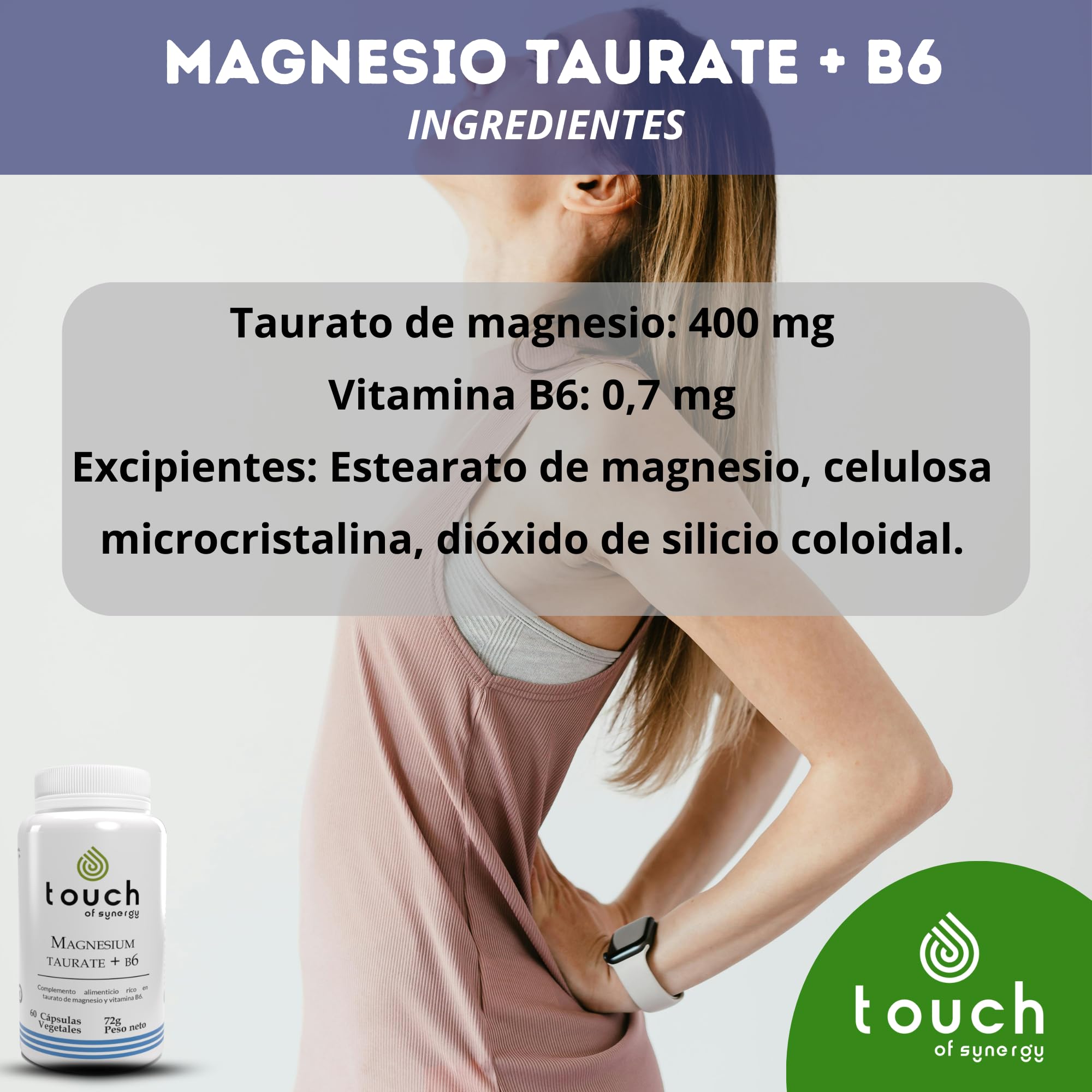 Magnesium Taurate + B6-60 Cápsulas - Suplemento de Magnesio y Vitamina B6 - Reduce el Estrés, Mejora el Sueño y la Función Muscular
