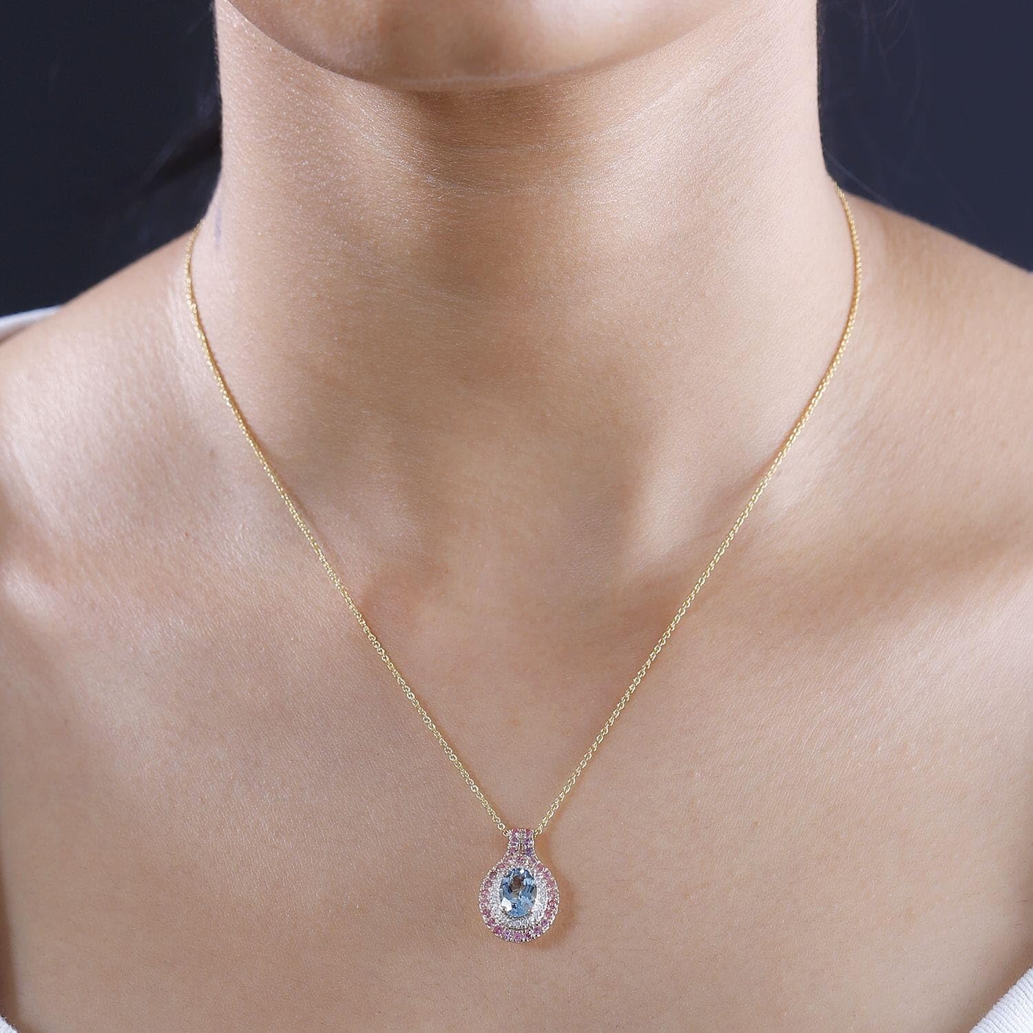 LUXORO AAA Blue Aquamarine Spinel Oval 14K Yellow Gold Halo Pendant Necklace for Women Jewelry Birthday Christmas Gifts Size 20 Inches Ct 1.5