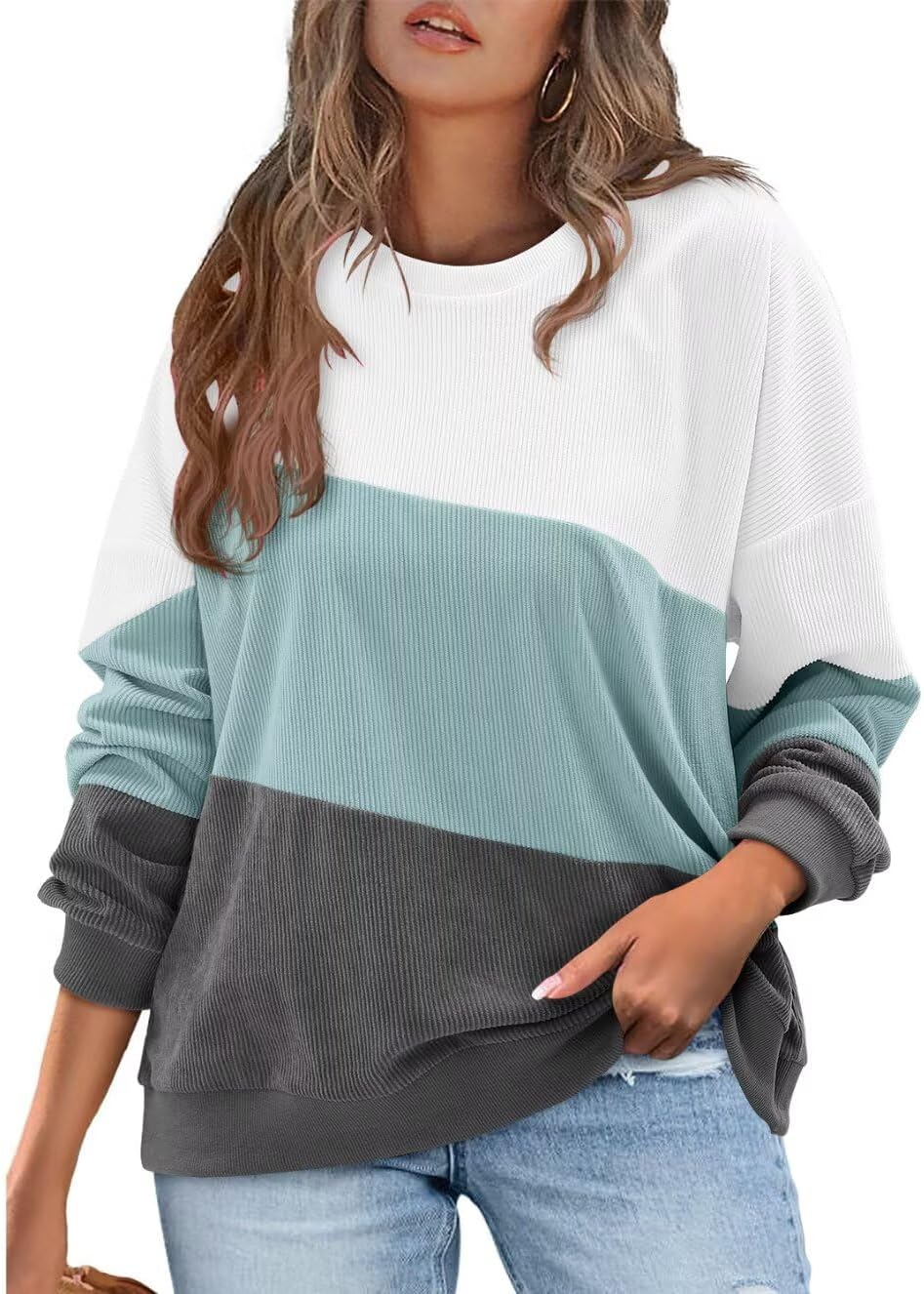 KISSMODA Womens Casual Long Sleeve Sweatshirts Color Block/Solid Tops Corduroy Crewneck Tunic Pullover with Pockets - Image 2